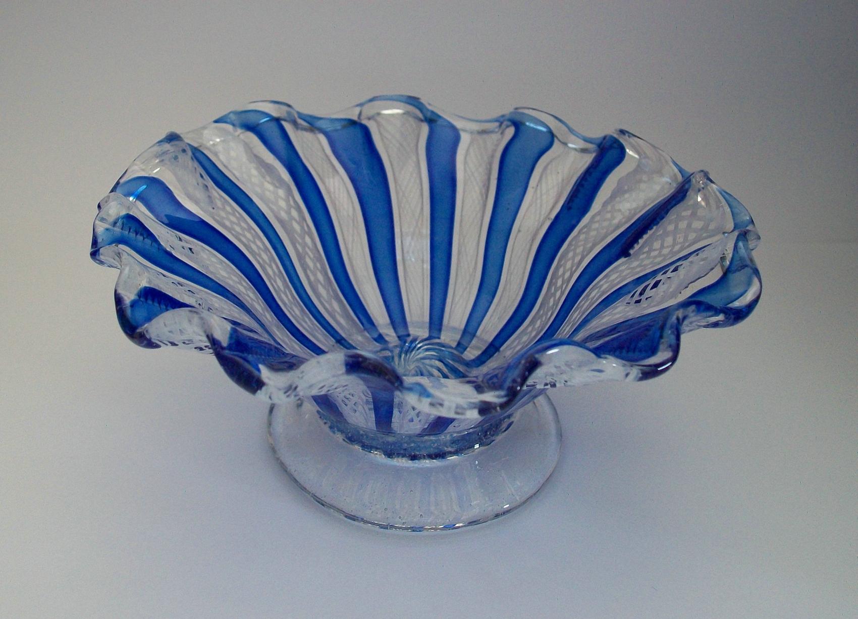 Hand-Crafted Murano Latticino & Blue Ribbon Footed Bowl - Unsigned - Italy - Mid 20th Century For Sale