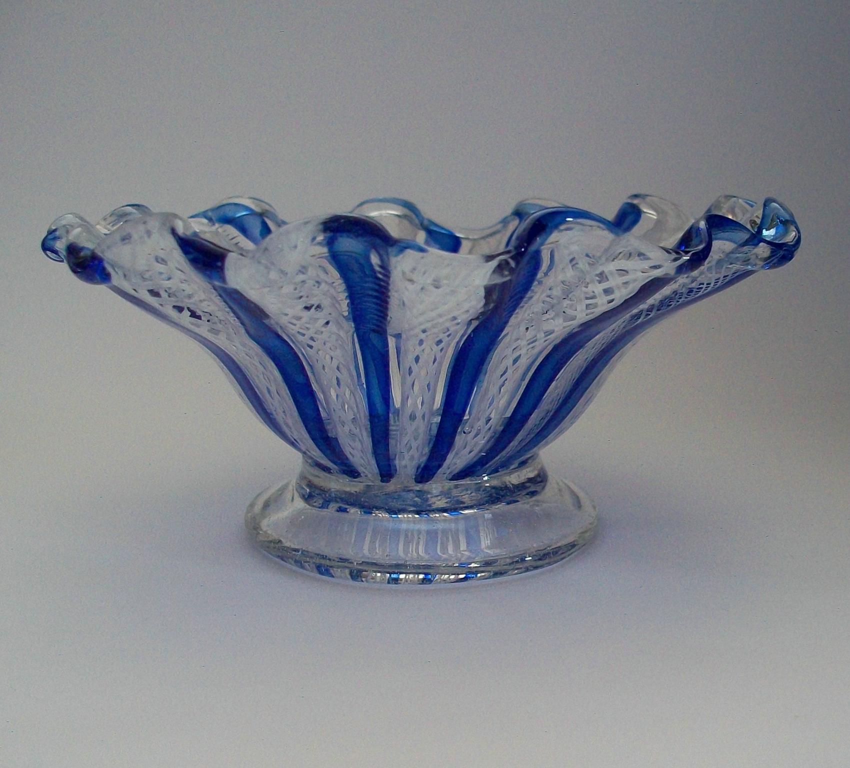 Art Glass Murano Latticino & Blue Ribbon Footed Bowl - Unsigned - Italy - Mid 20th Century For Sale
