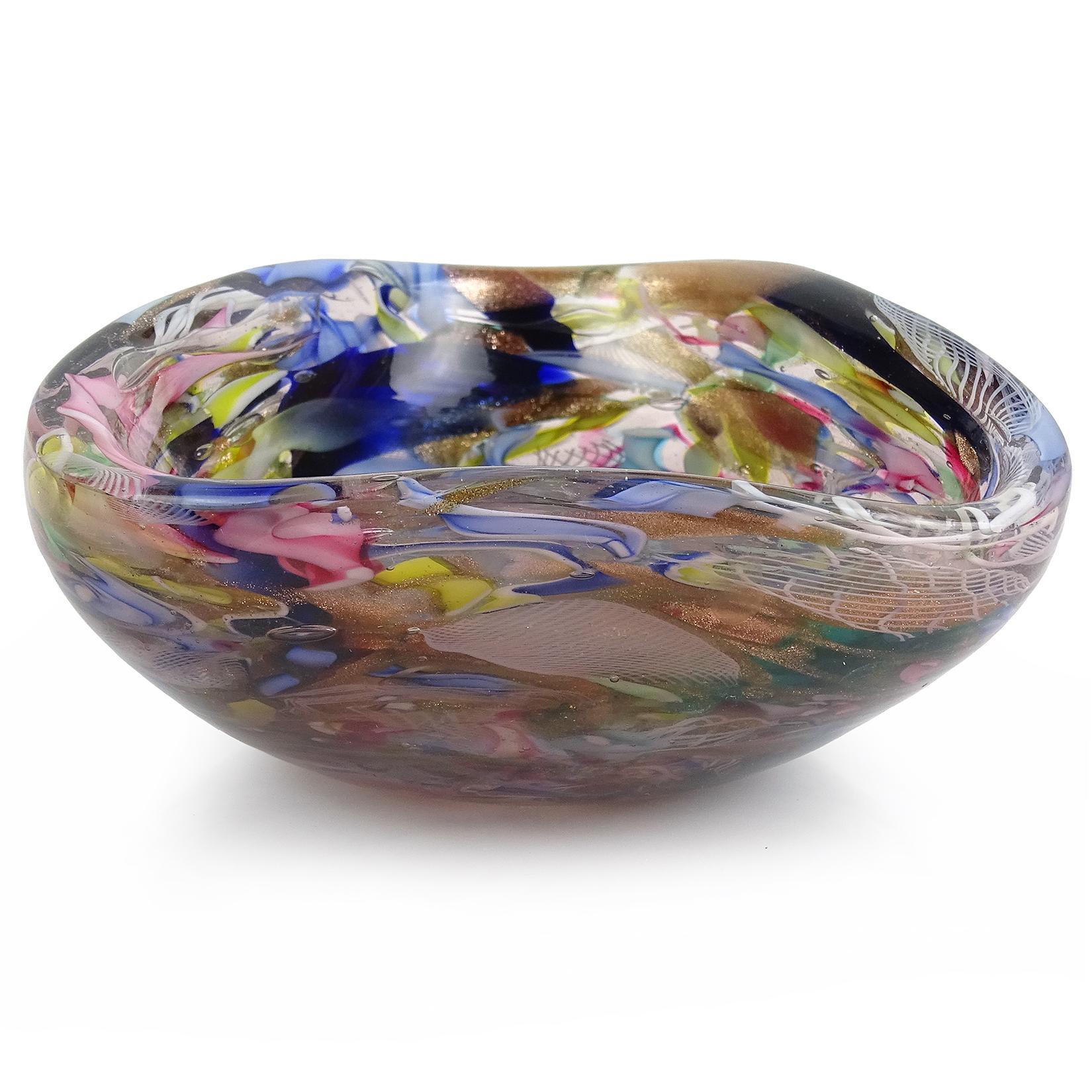 Mid-Century Modern Murano Latticino Zanfirico Ribbon Copper Aventurine Fleck Italian Art Glass Dish
