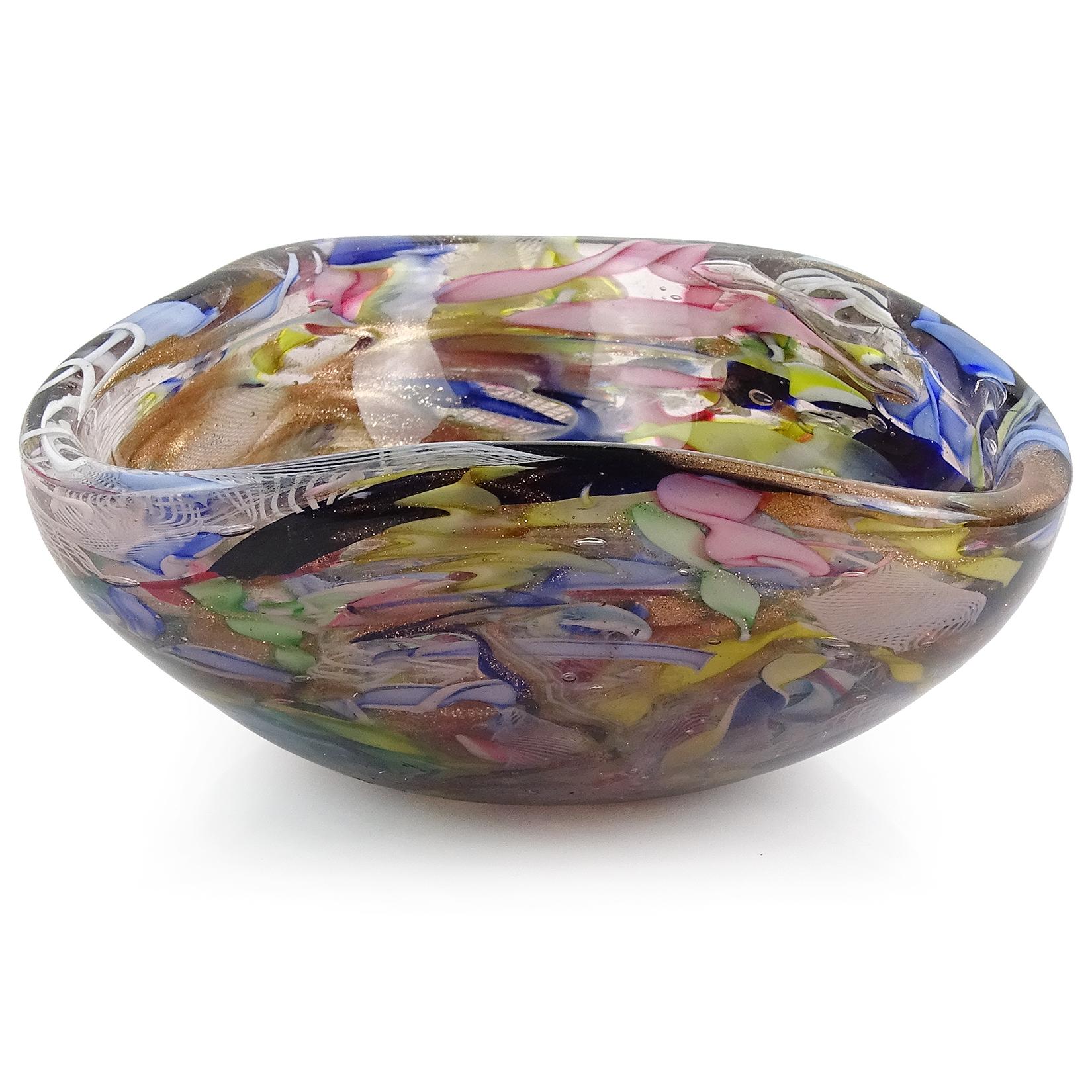 Murano Latticino Zanfirico Ribbon Copper Aventurine Fleck Italian Art Glass Dish In Good Condition In Kissimmee, FL