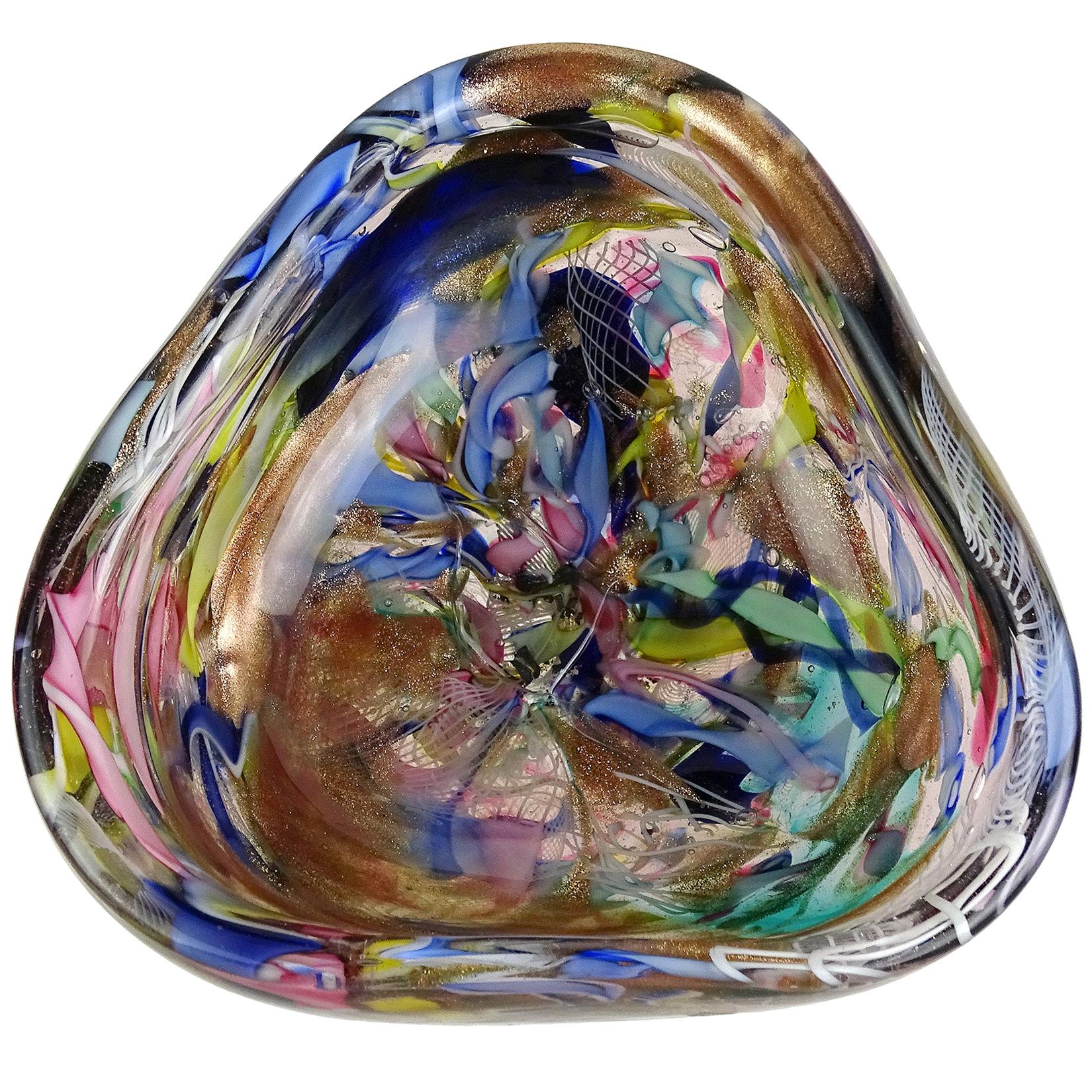 Murano Latticino Zanfirico Ribbon Copper Aventurine Fleck Italian Art Glass Dish