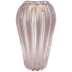 Vintage Murano Lavender Stripes Gold Flecks Italian Art Glass Midcentury Flower Vase