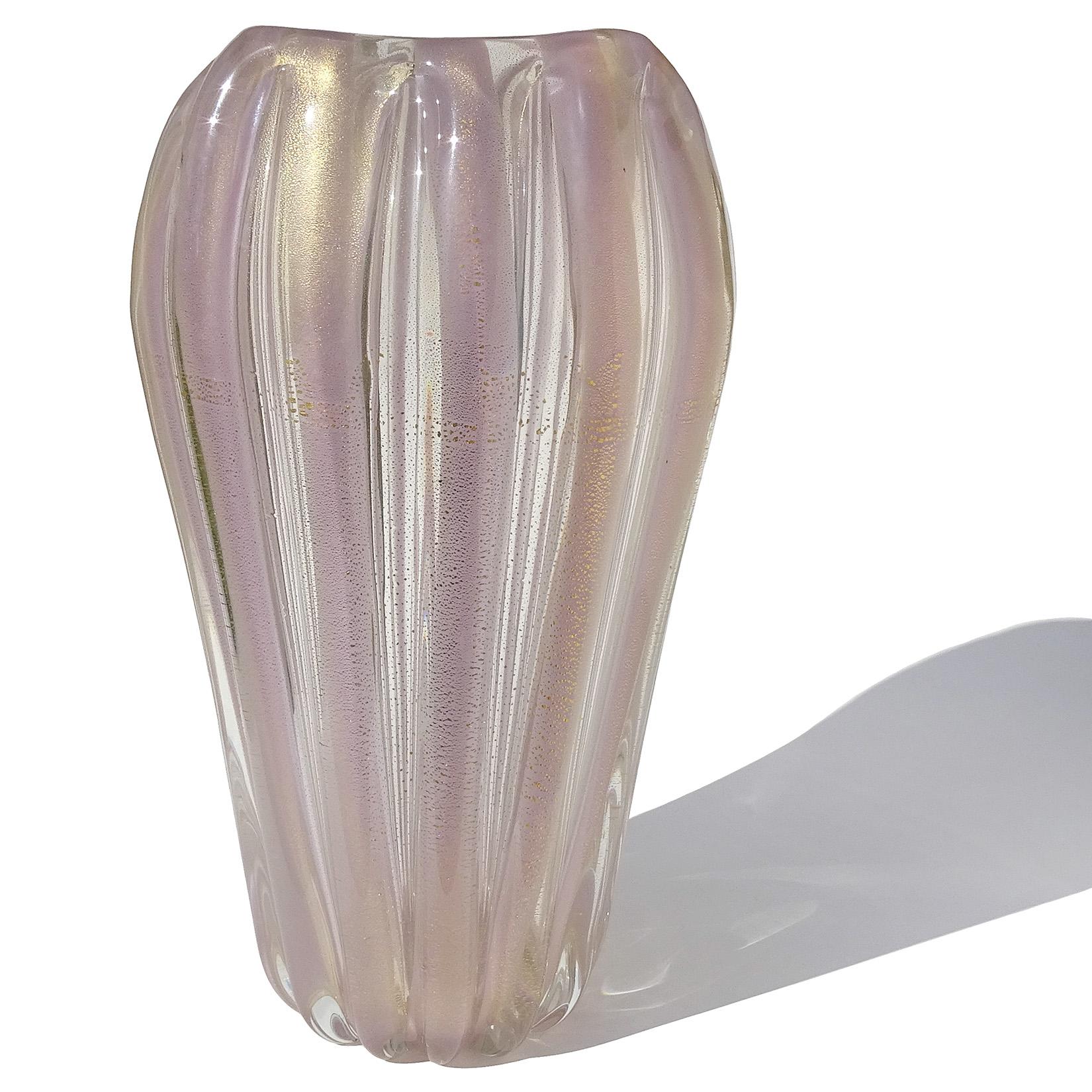 Mid-Century Modern Murano Lavender Stripes Gold Flecks Italian Art Glass Midcentury Flower Vase For Sale