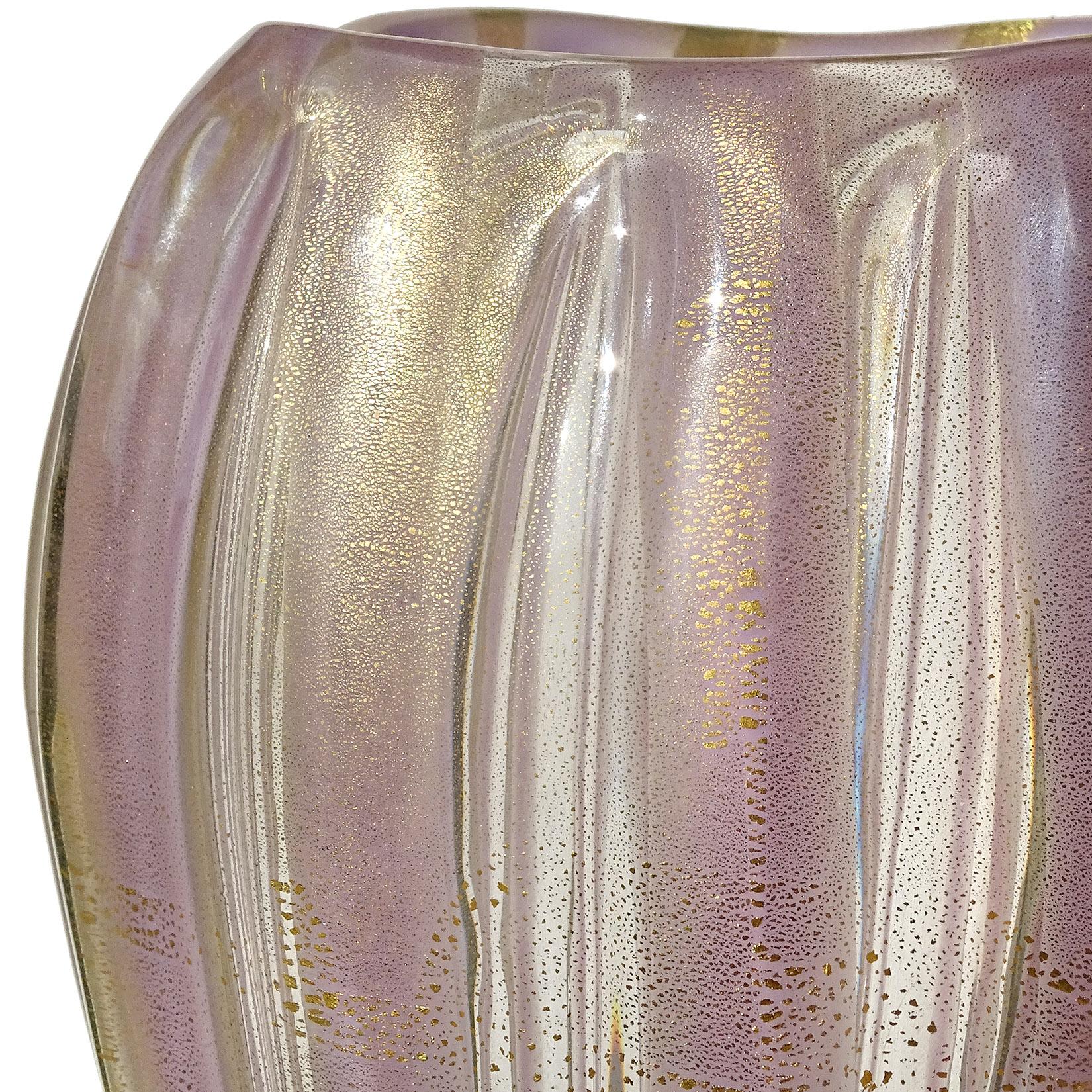 Hand-Crafted Murano Lavender Stripes Gold Flecks Italian Art Glass Midcentury Flower Vase For Sale
