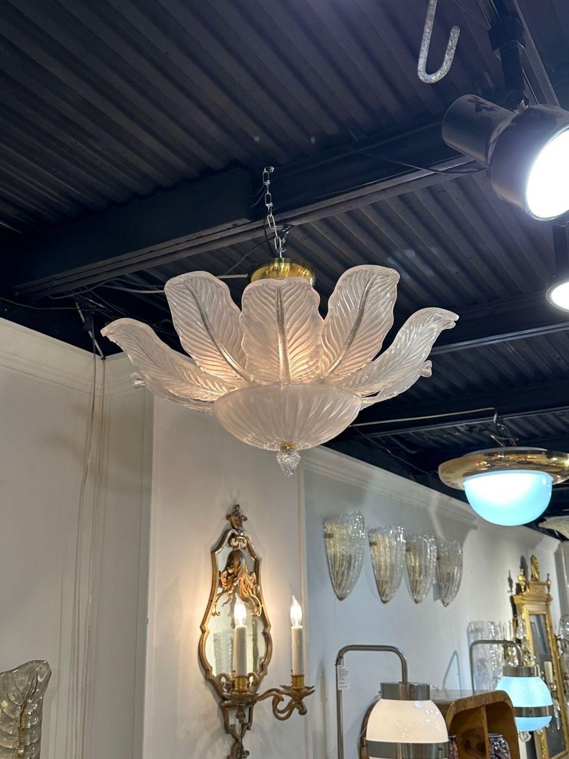 Modern Murano frost glass palm leaf flush mount chandelier. circa 2000. The chandelier has been professionally re-wired, cleaned and is ready to hang.
