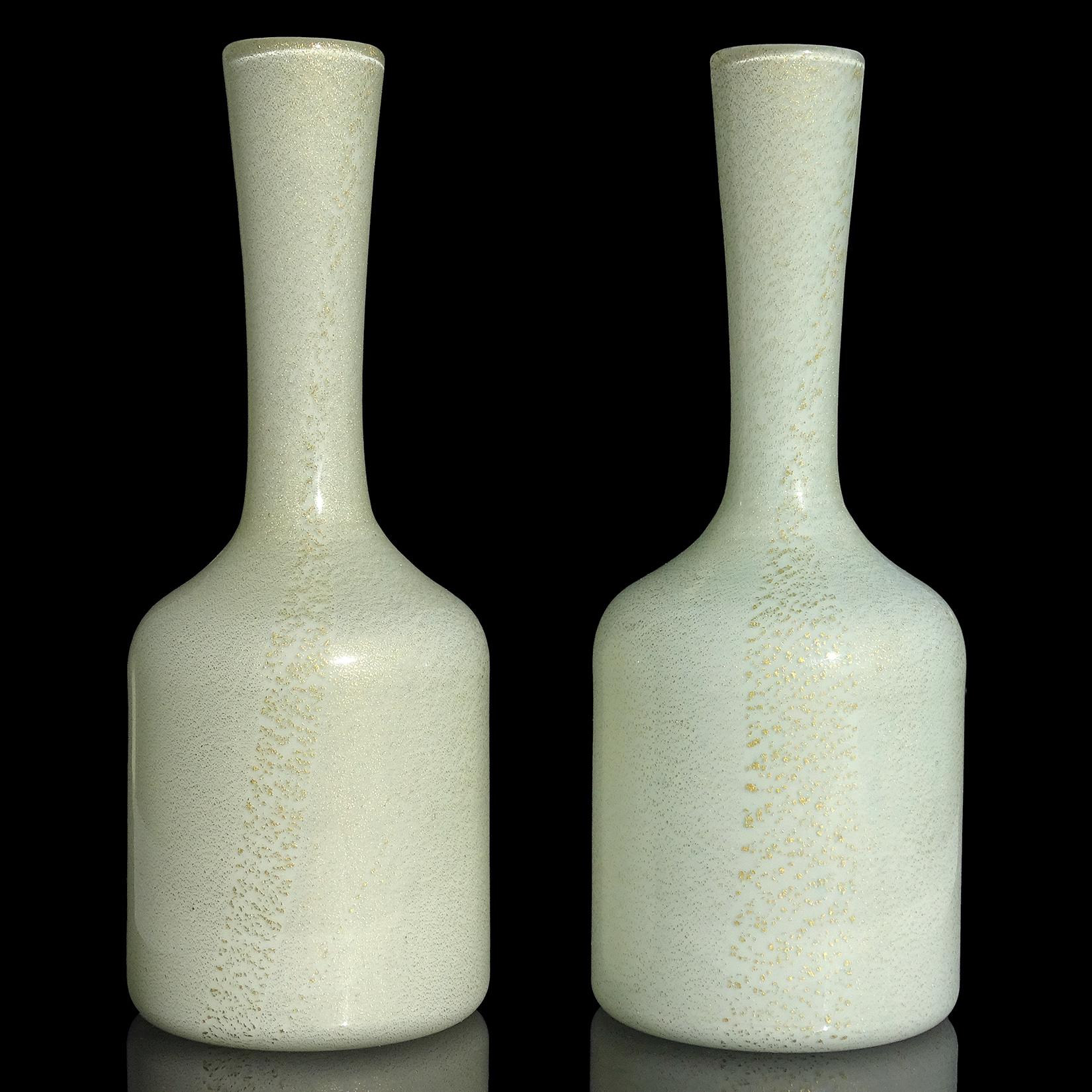 Mid-Century Modern Murano Light Blue and Green White Gold Flecks Italian Art Glass Flower Vases For Sale