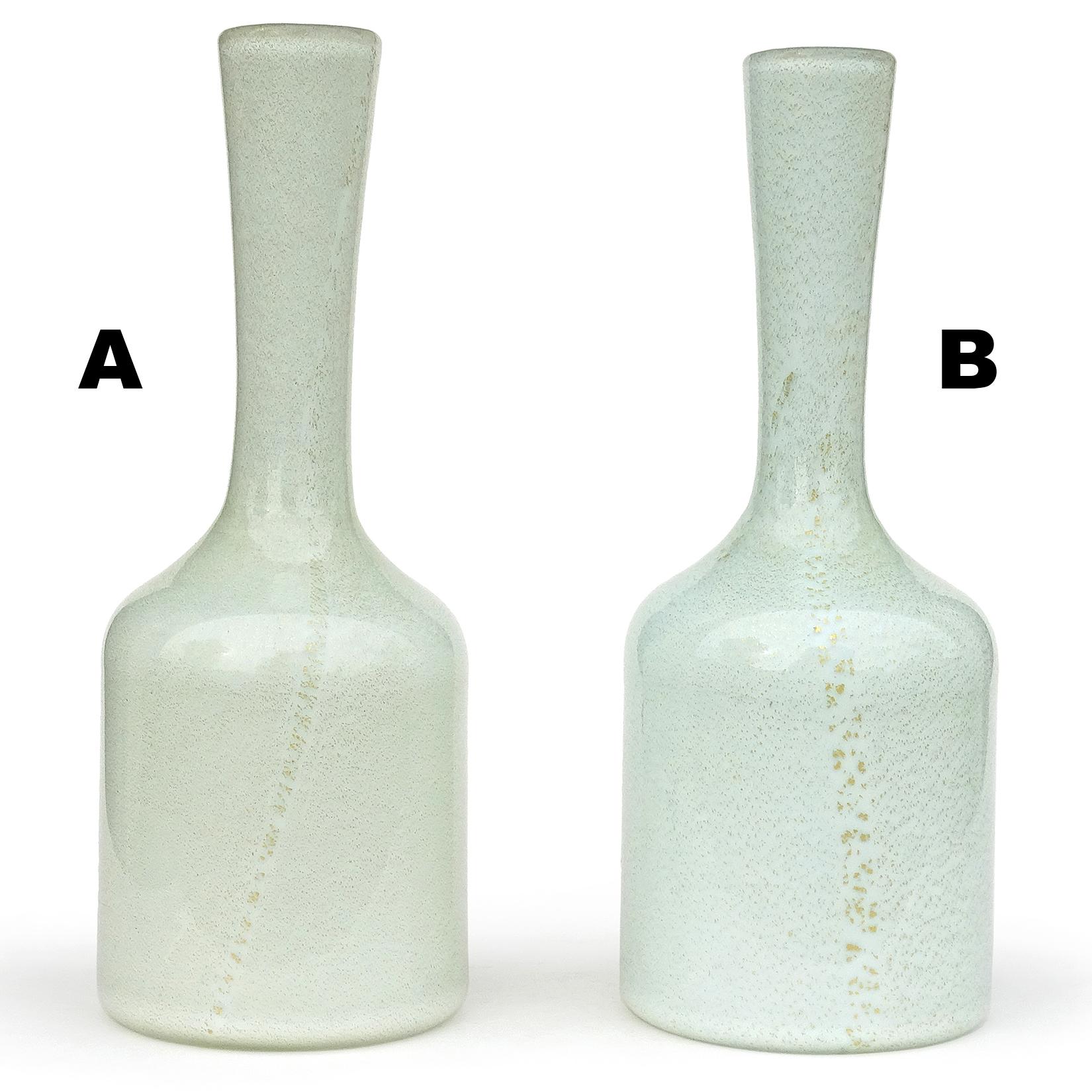 20th Century Murano Light Blue and Green White Gold Flecks Italian Art Glass Flower Vases For Sale