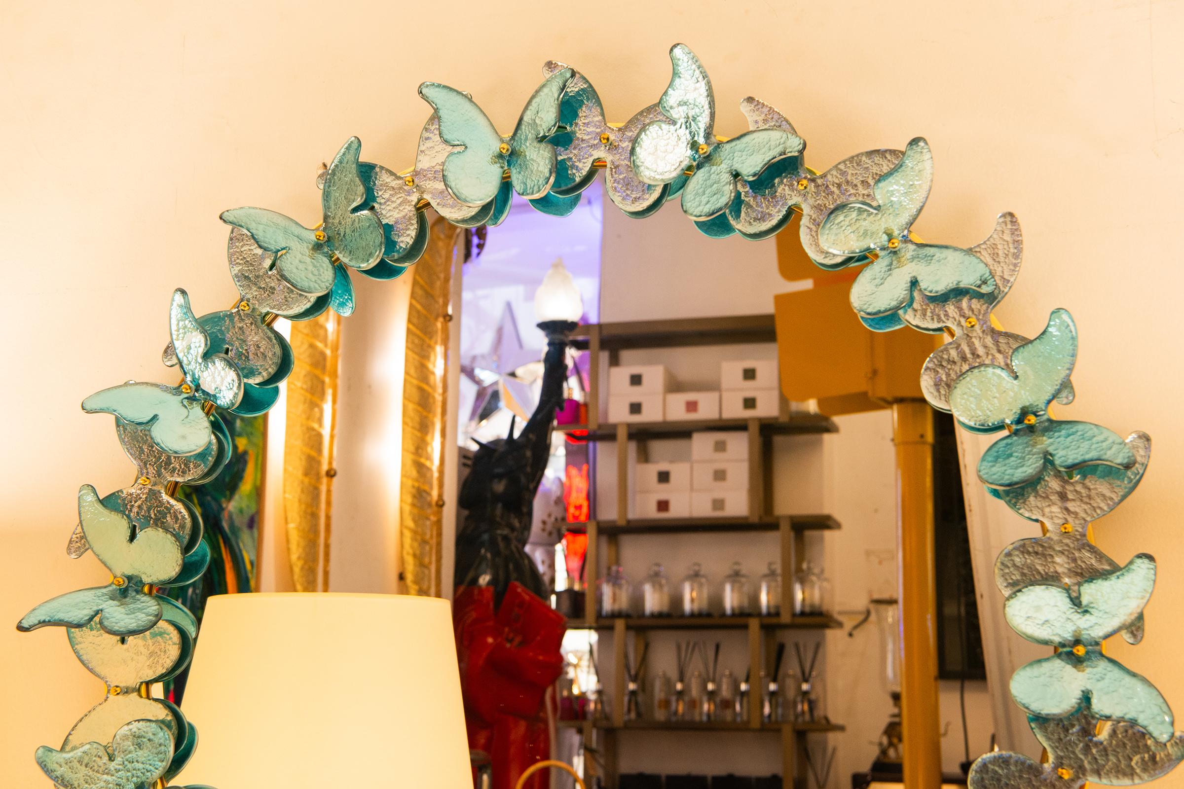 Italian Murano Light Blue Butterflies Mirror For Sale