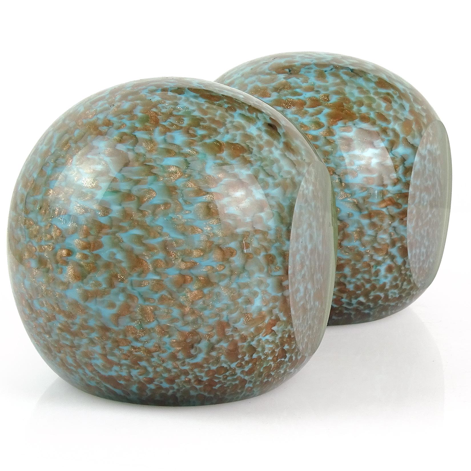 Mid-Century Modern Murano Light Blue Copper Aventurine Italian Art Glass Ball Bookend Sculptures