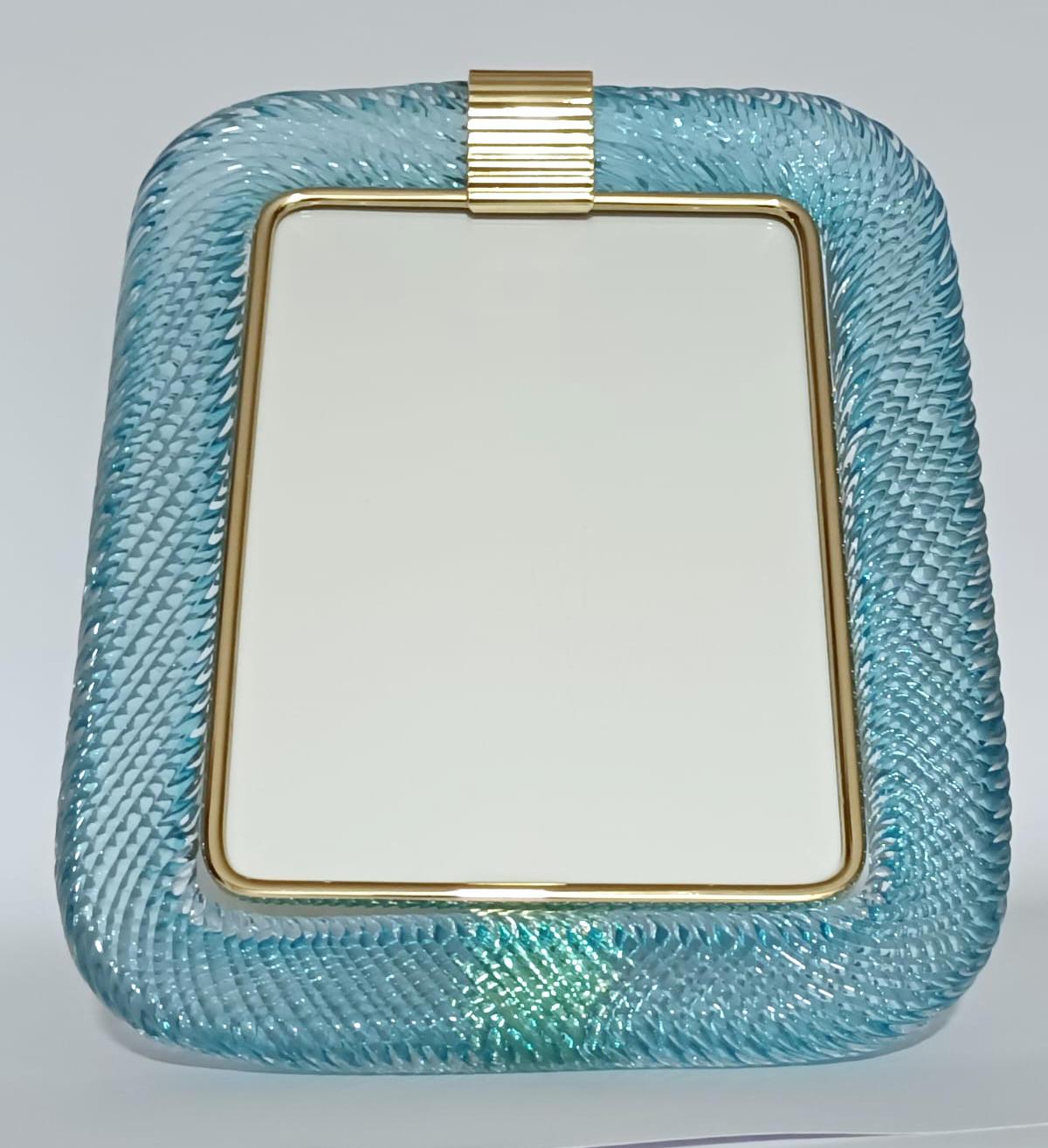 Vintage photo frame with hand blown clear and light blue Murano 