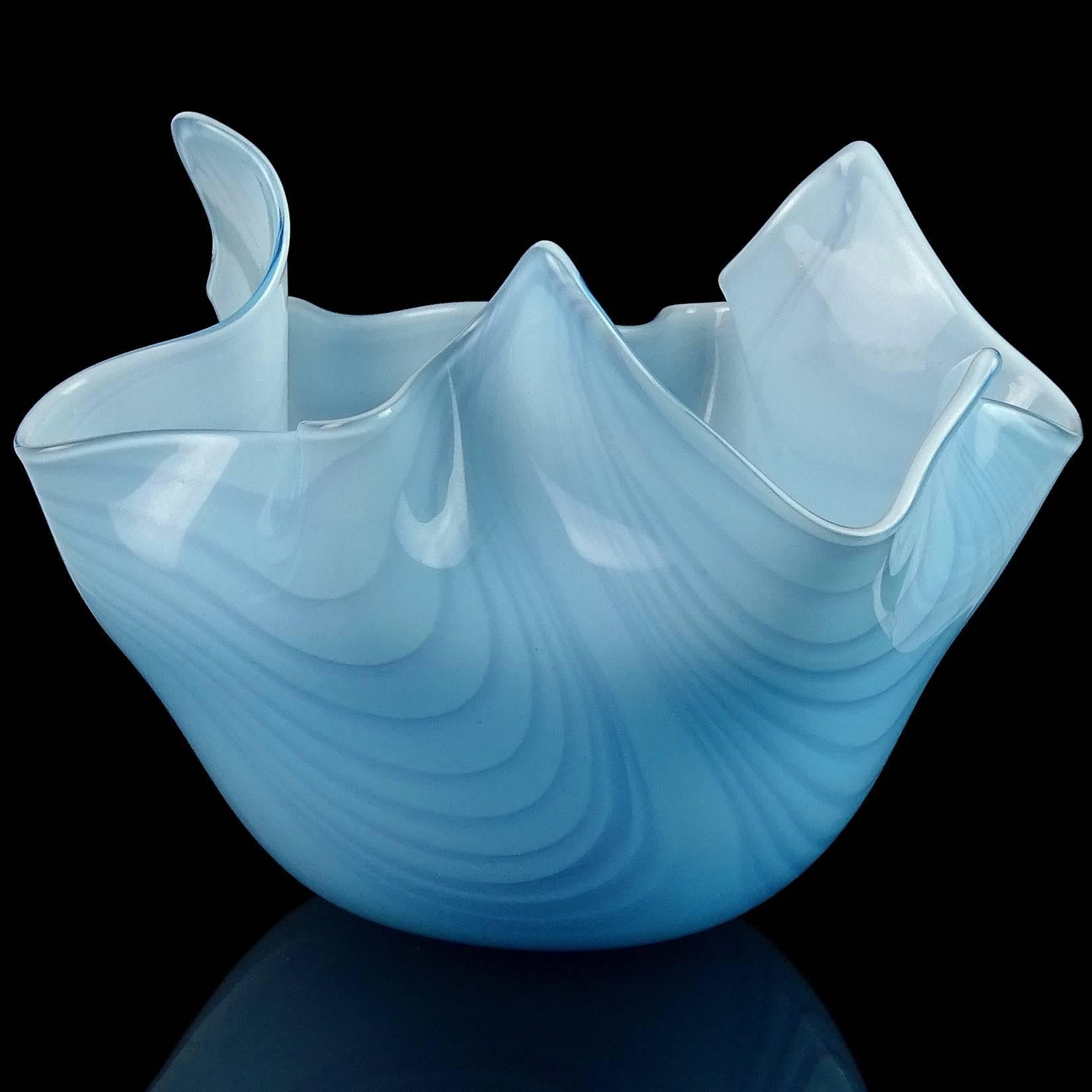 Beautiful Murano hand blown light blue with darker pulled feather design Italian art glass handkerchief or fazzoletto vase. Measures: 8