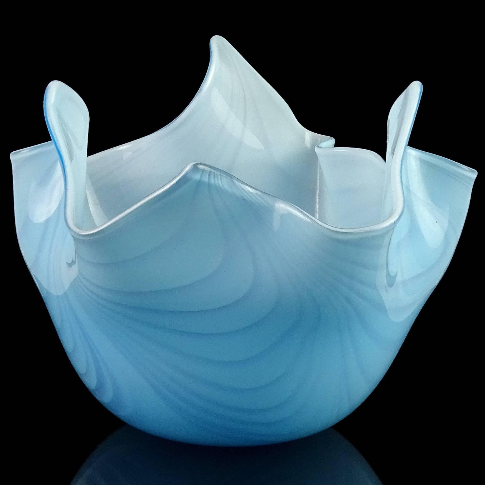 Mid-Century Modern Murano Light Blue Pulled Feather Design Italian Art Glass Fazzoletto Vase