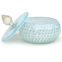 Murano Light Blue White Bubbles Gold Flecks Italian Art Glass Vanity Powder Box