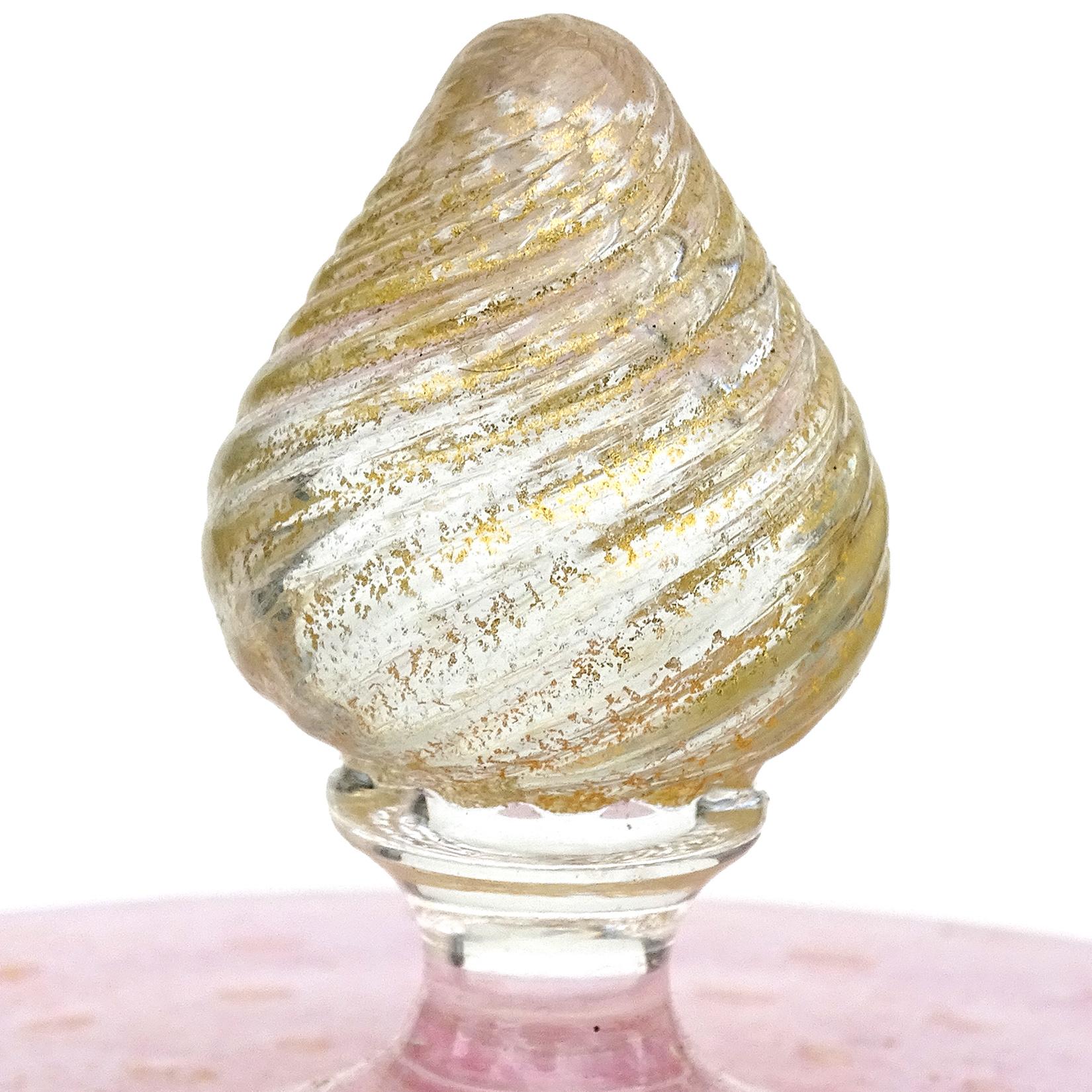 Beautiful vintage Murano hand blown white, light pink, controlled bubbles, and gold flecks Italian art glass vanity jar / powder box. Documented to the Fratelli Toso company. The piece still retains an original 