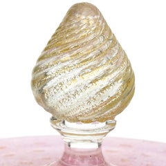 Boîte à poudre en verre d'art italien de Murano rose clair avec bulles blanches et mouchetures dorées