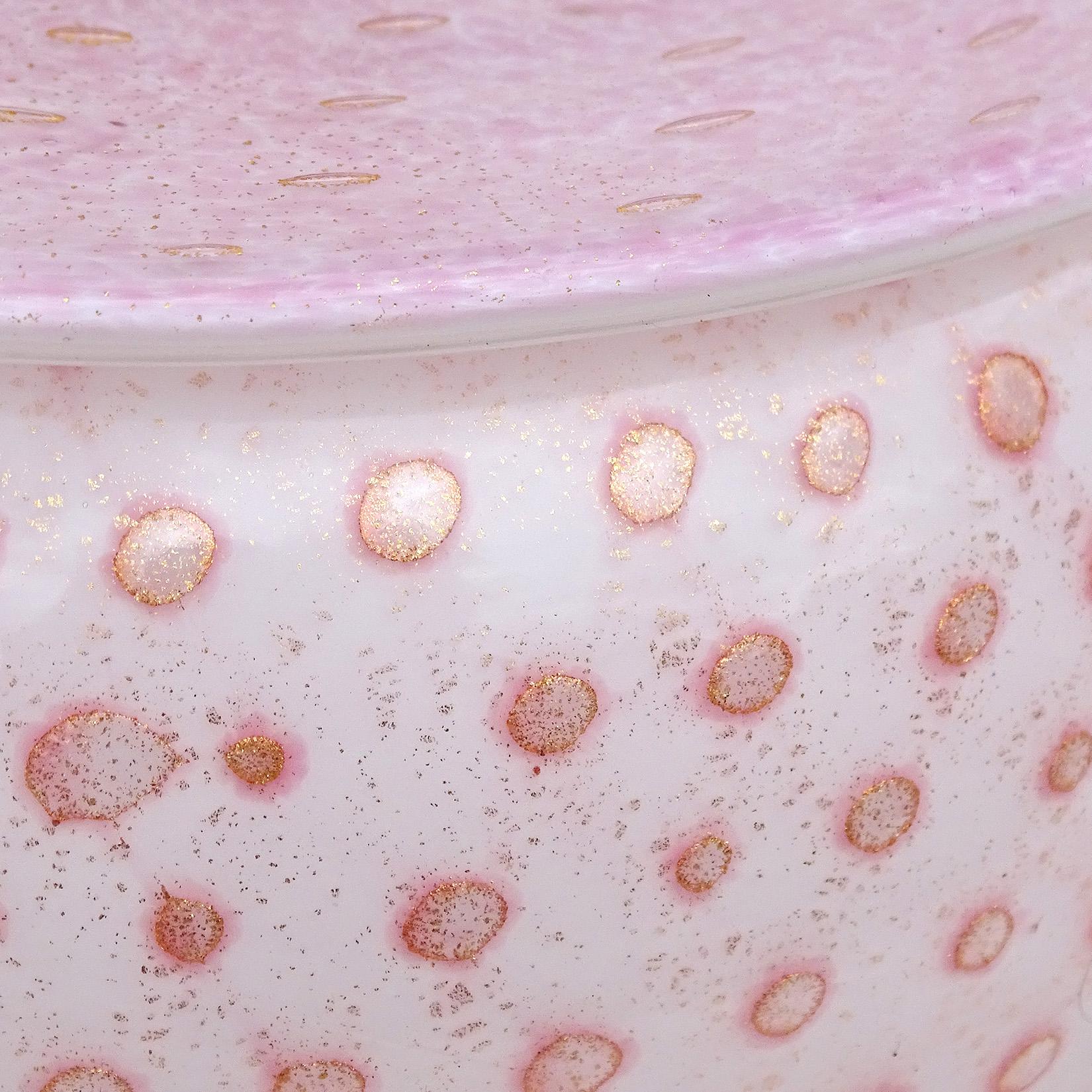 Hand-Crafted Murano Light Pink White Bubbles Gold Flecks Italian Art Glass Vanity Powder Box