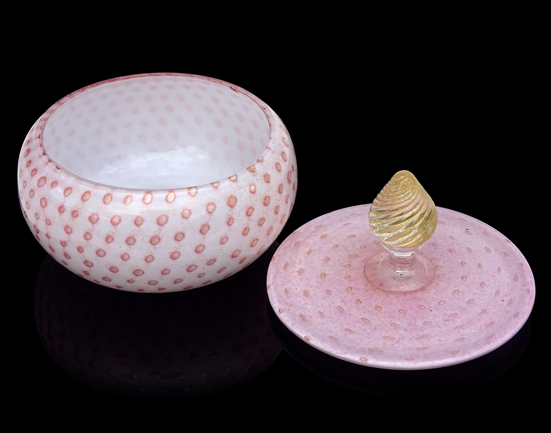 Murano Light Pink White Bubbles Gold Flecks Italian Art Glass Vanity Powder Box In Good Condition In Kissimmee, FL