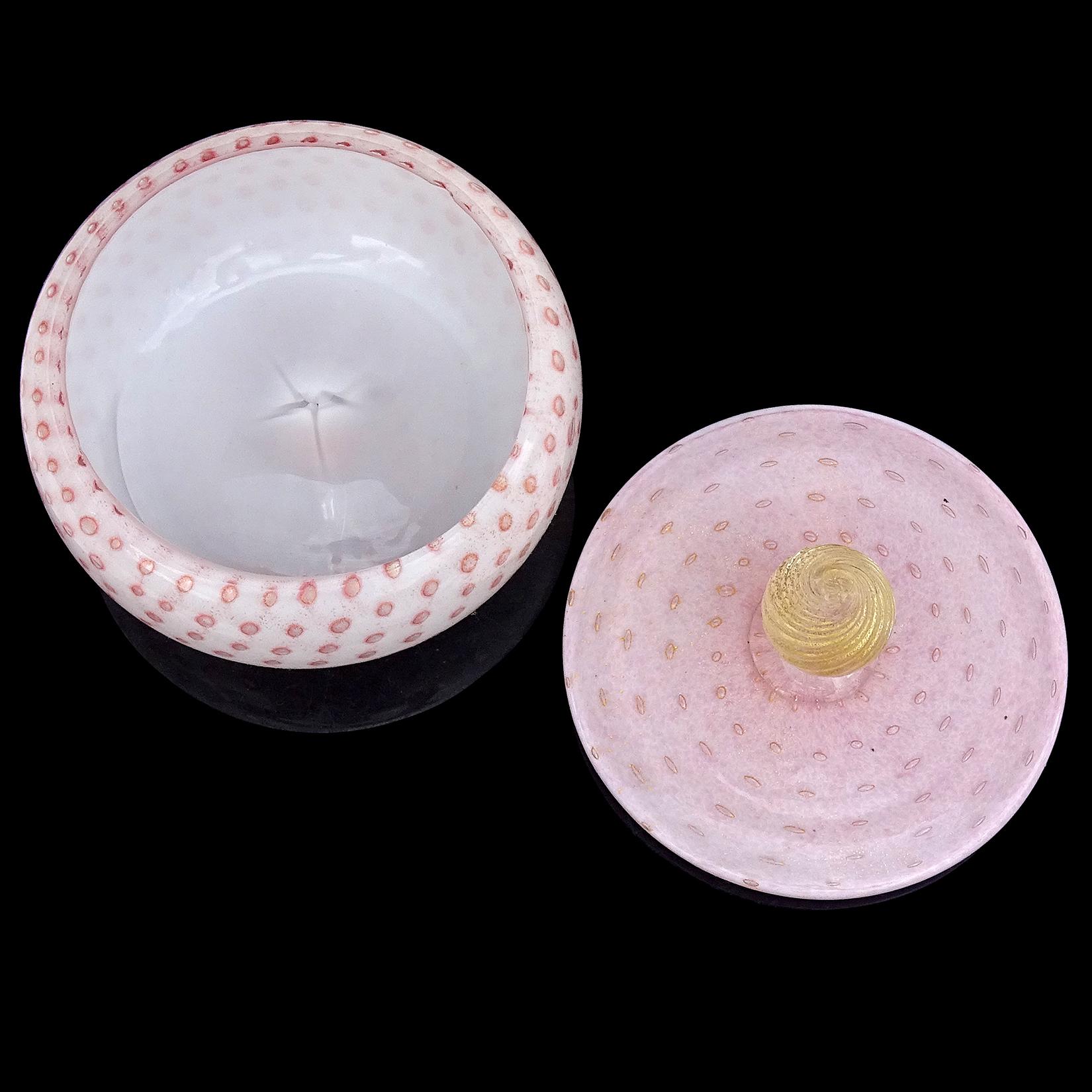 20th Century Murano Light Pink White Bubbles Gold Flecks Italian Art Glass Vanity Powder Box