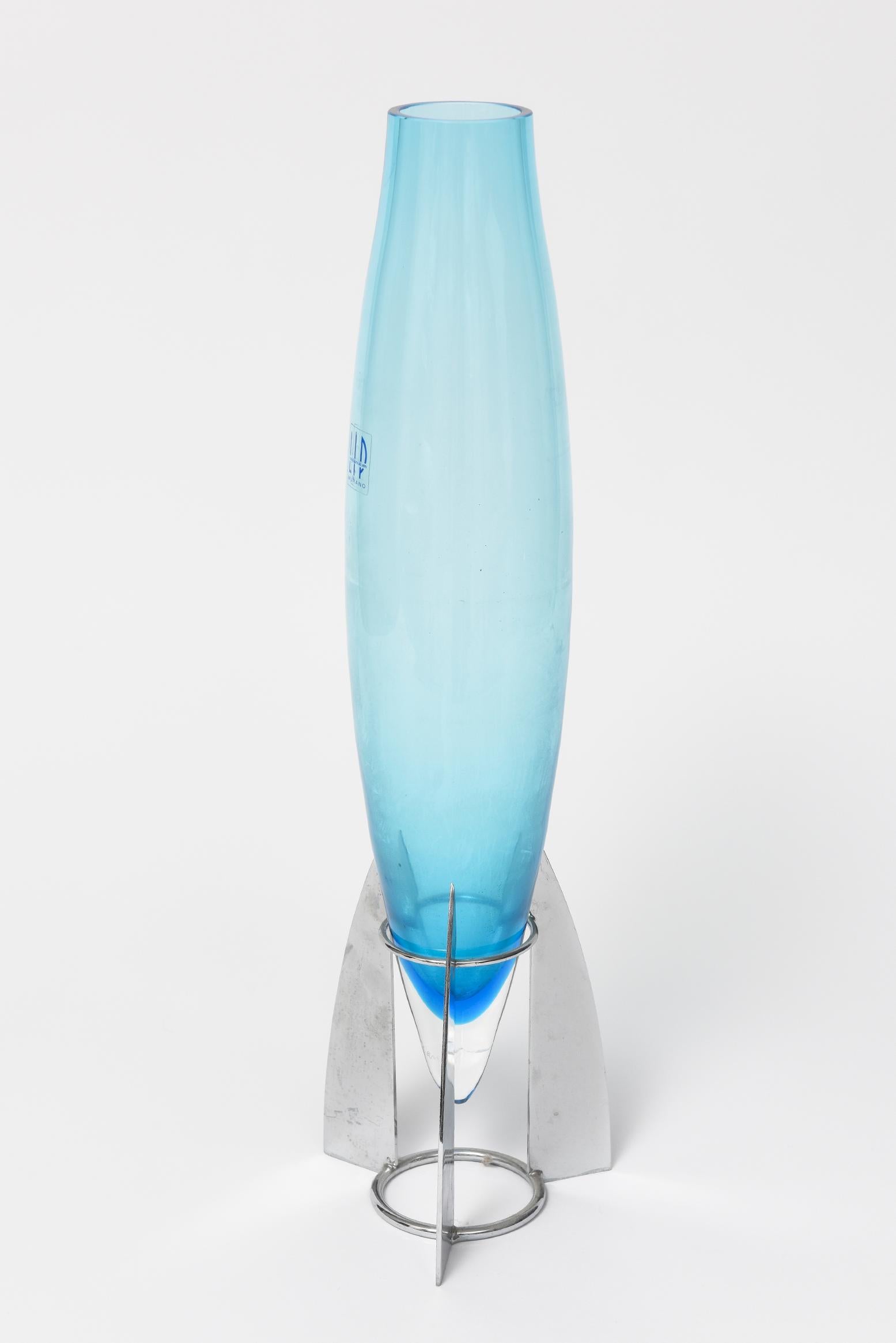 European Murano LIP Blue Glass Rocket Vase Designed by Marcello Furlan For Sale