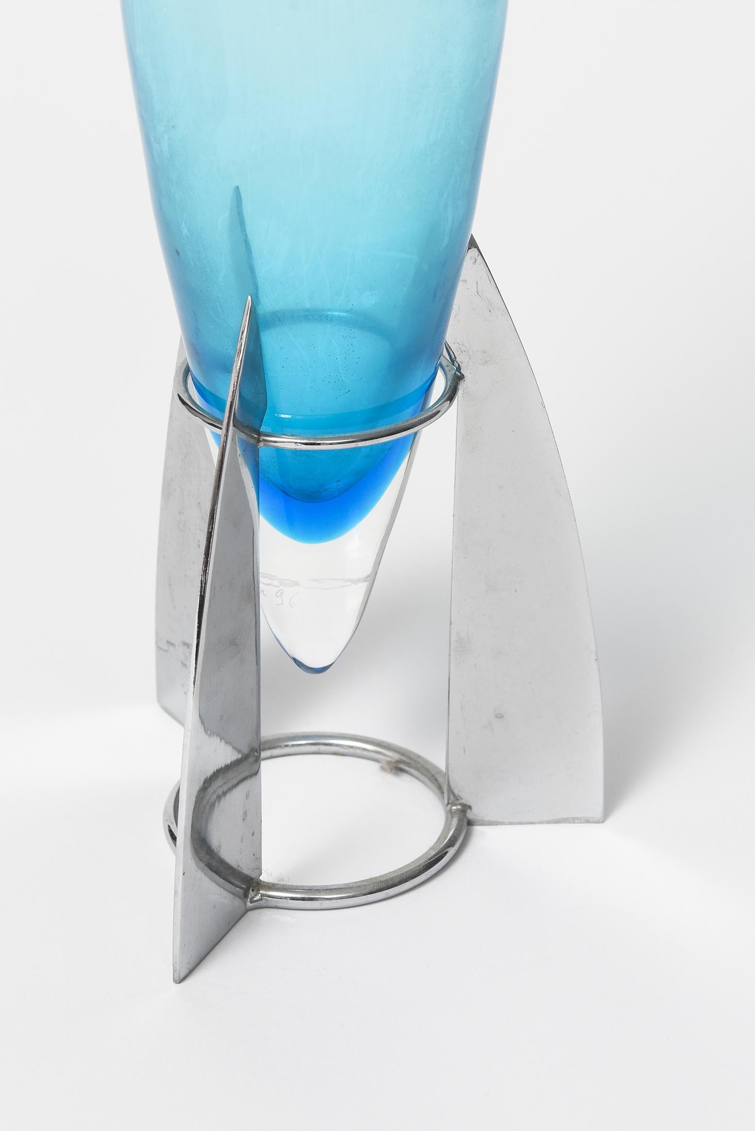 Murano LIP Blue Glass Rocket Vase Designed by Marcello Furlan In Good Condition For Sale In Miami Beach, FL