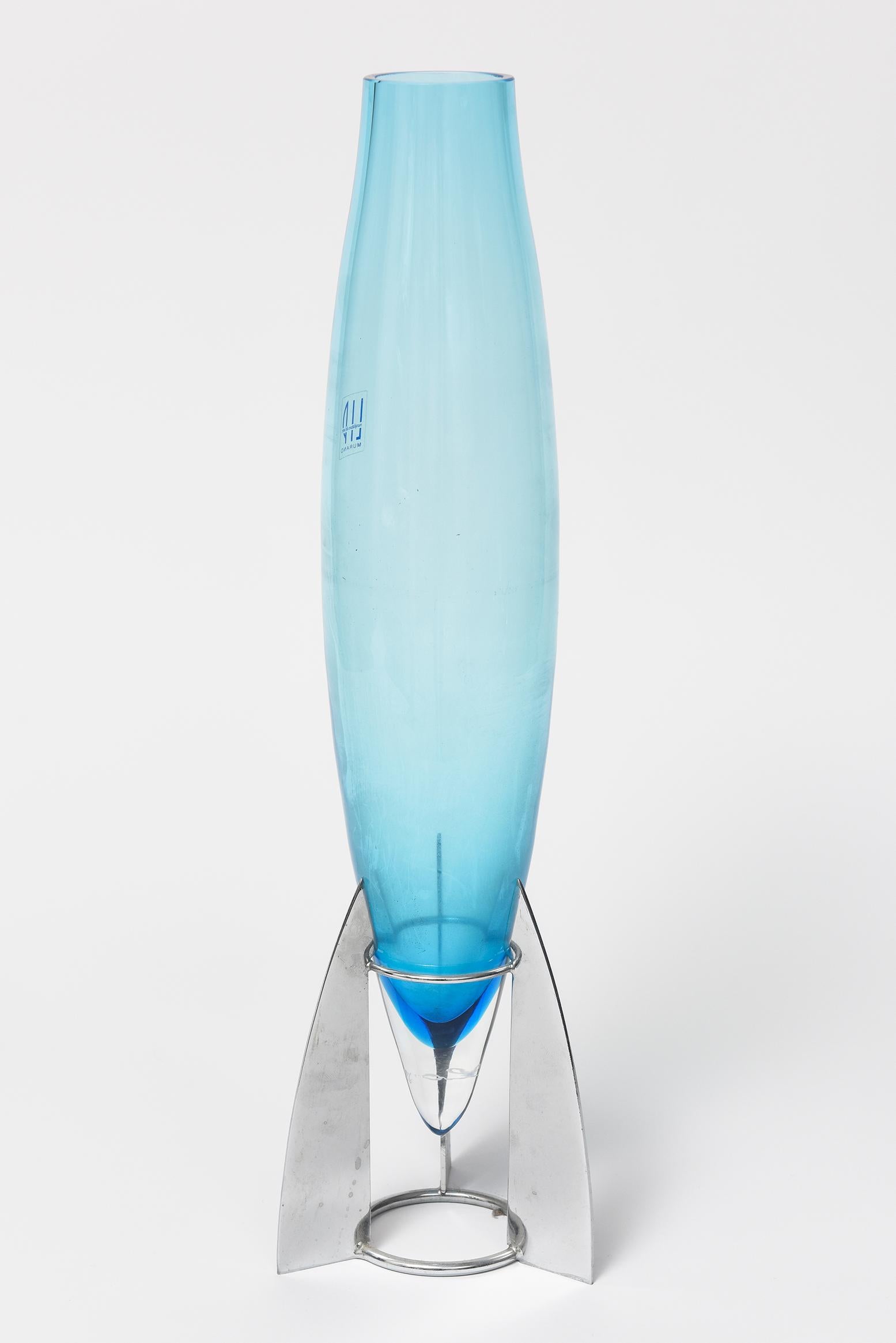 20th Century Murano LIP Blue Glass Rocket Vase Designed by Marcello Furlan For Sale