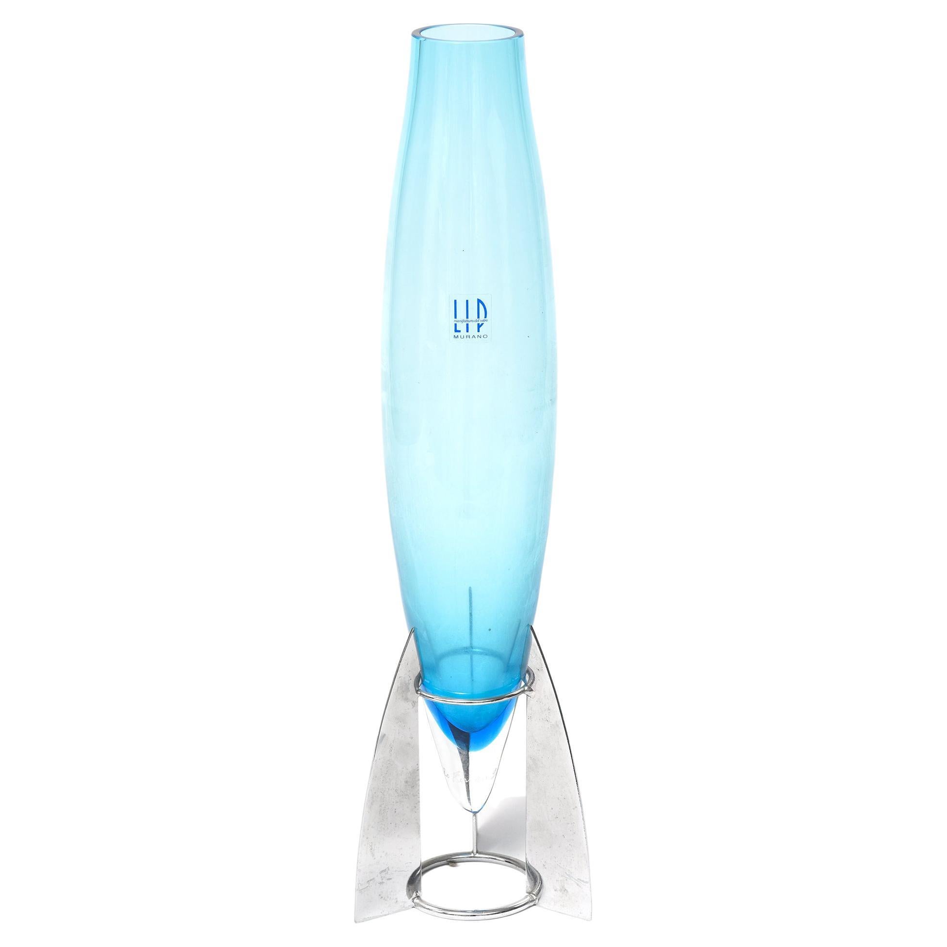 Murano LIP Blue Glass Rocket Vase Designed by Marcello Furlan
