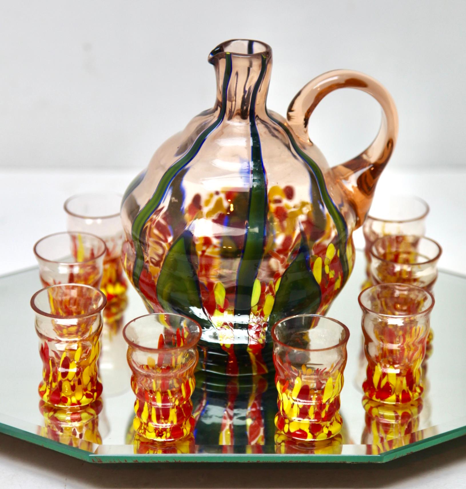 Hand-Crafted Murano Liqueur Set 8 Shot Glasses and Decanter, with Serving Tray, circa 1938 For Sale