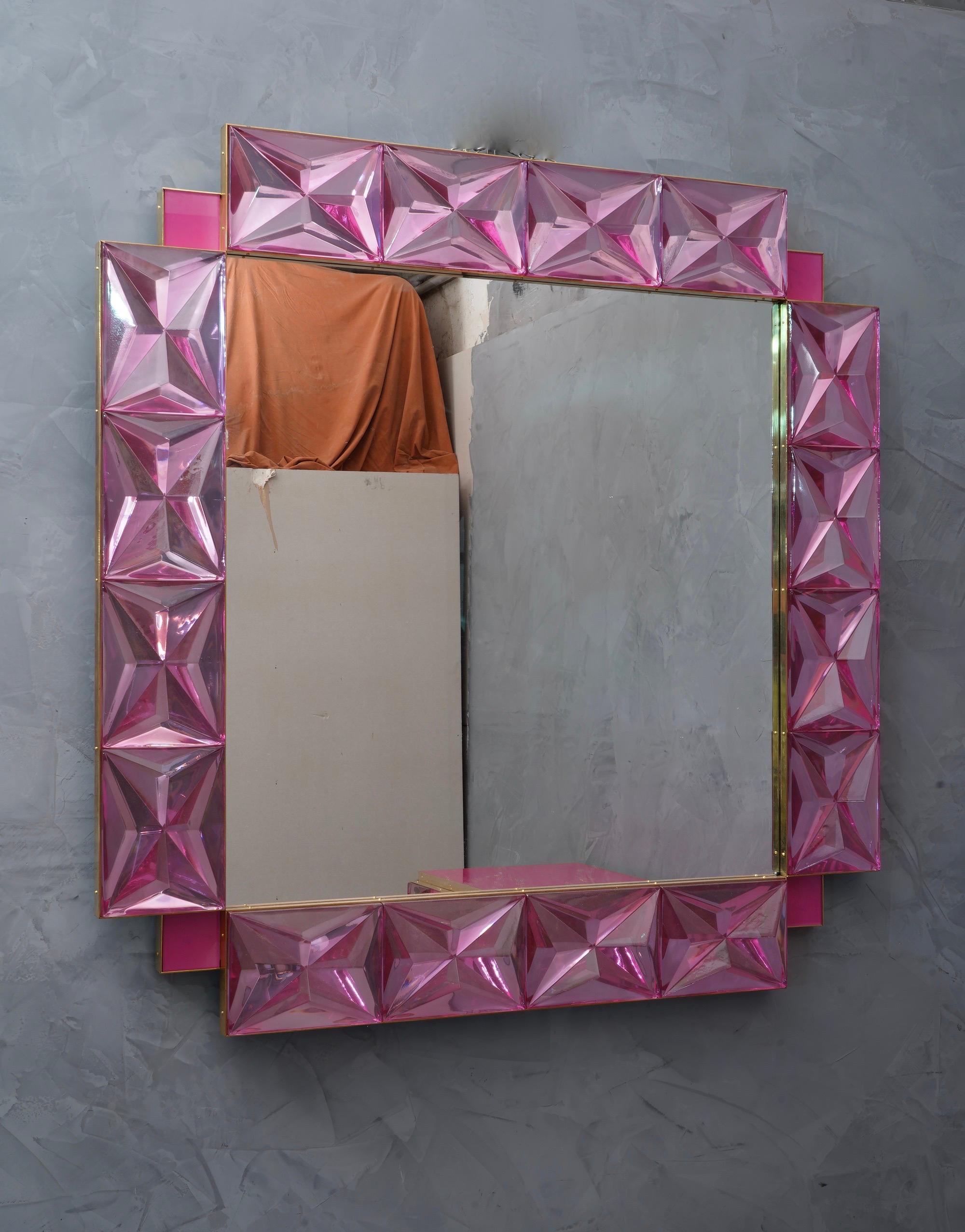 Mid-Century Modern Murano Lively Pink Art Glass Italian Modern Wall Mirror, 2020