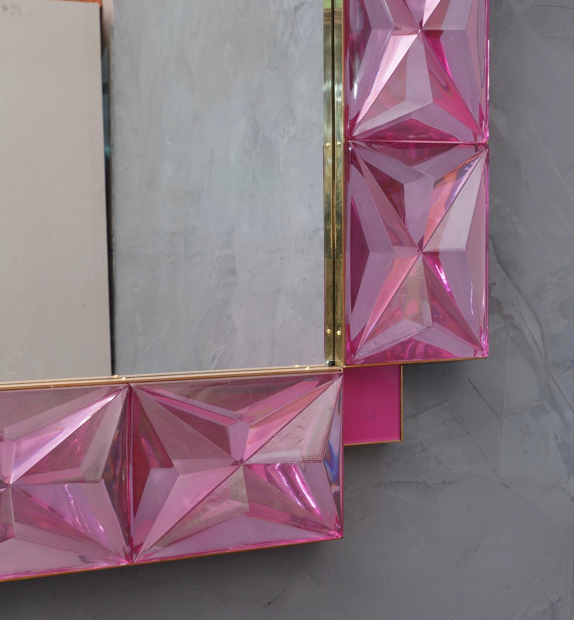 Brass Murano Lively Pink Art Glass Italian Modern Wall Mirror, 2020