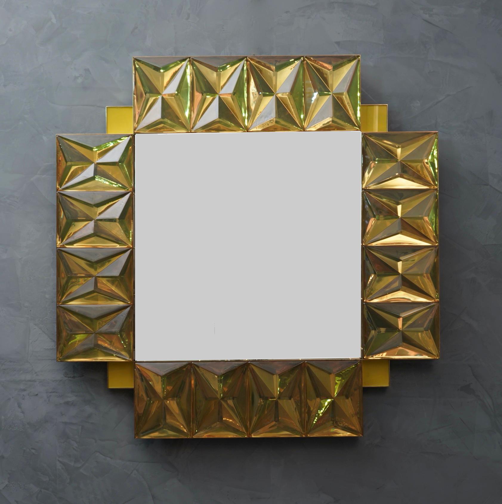 Brass Murano Lively yellow Art Glass Italian Modern Wall Mirror, 2020