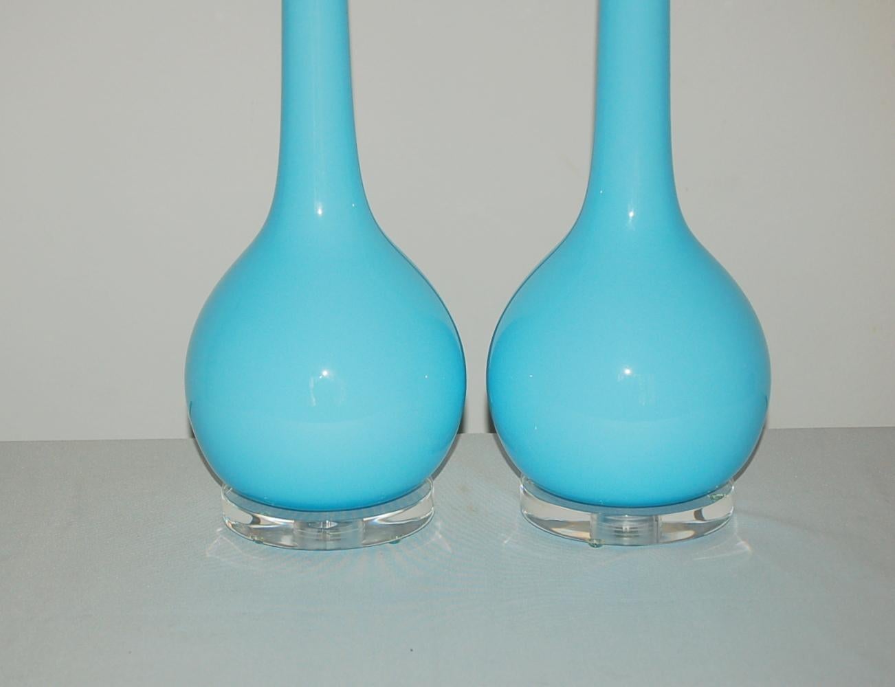 Italian Murano Long Neck Glass Table Lamps by Seguso in Blue For Sale