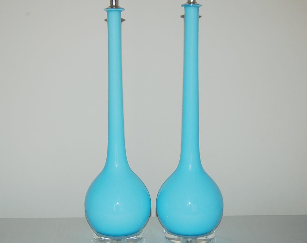 Murano Long Neck Glass Table Lamps by Seguso in Blue In Good Condition For Sale In Smyrna, GA