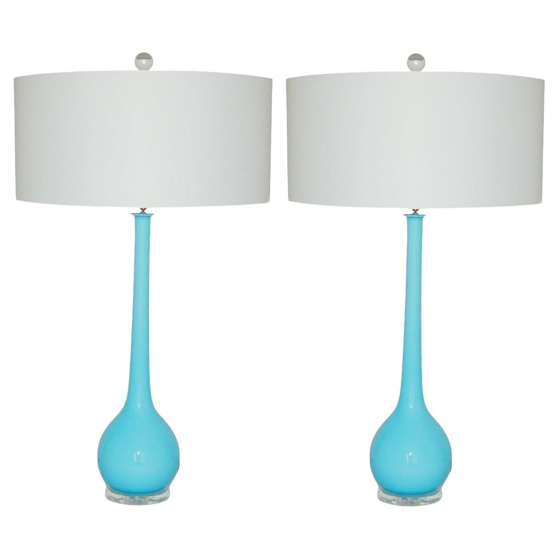 Lámparas de mesa de cristal de Murano de cuello largo de Seguso en azul en venta