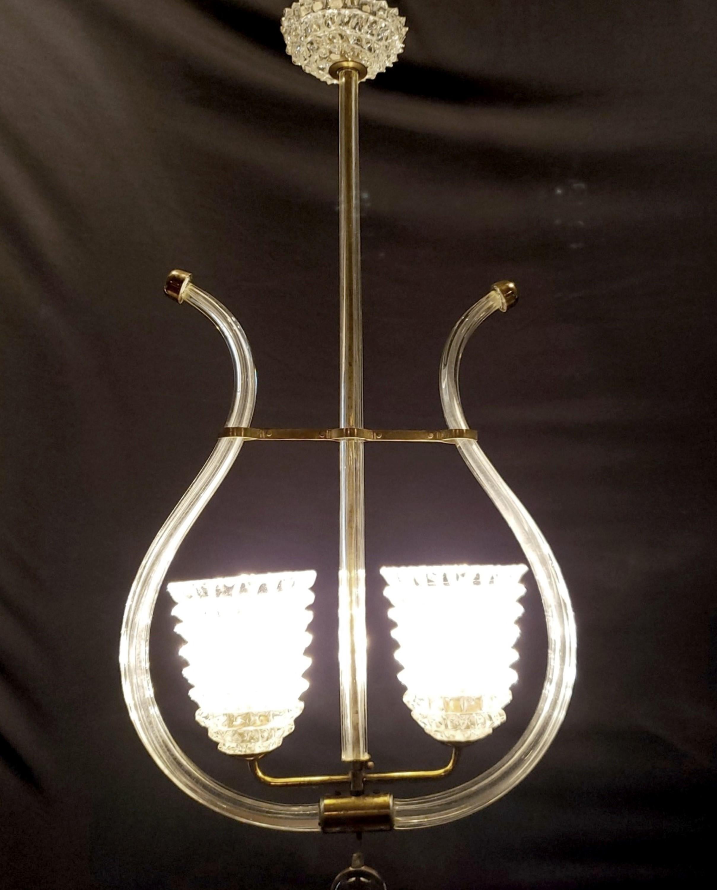 Murano Lyre Crystal Poles & 2 Rostrato Cams Pendant Light In Good Condition For Sale In New York, NY