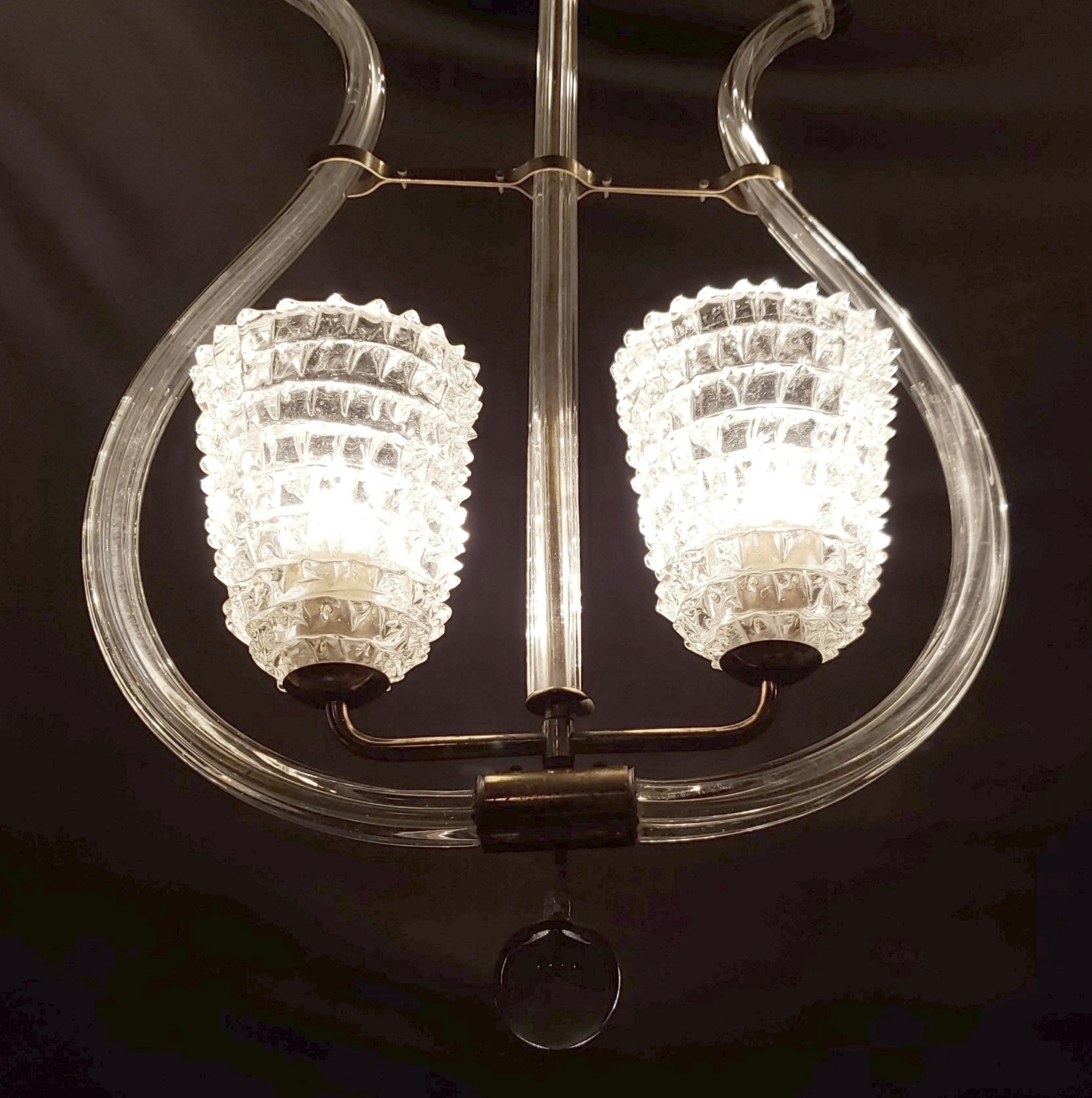 20th Century Murano Lyre Crystal Poles & 2 Rostrato Cams Pendant Light For Sale