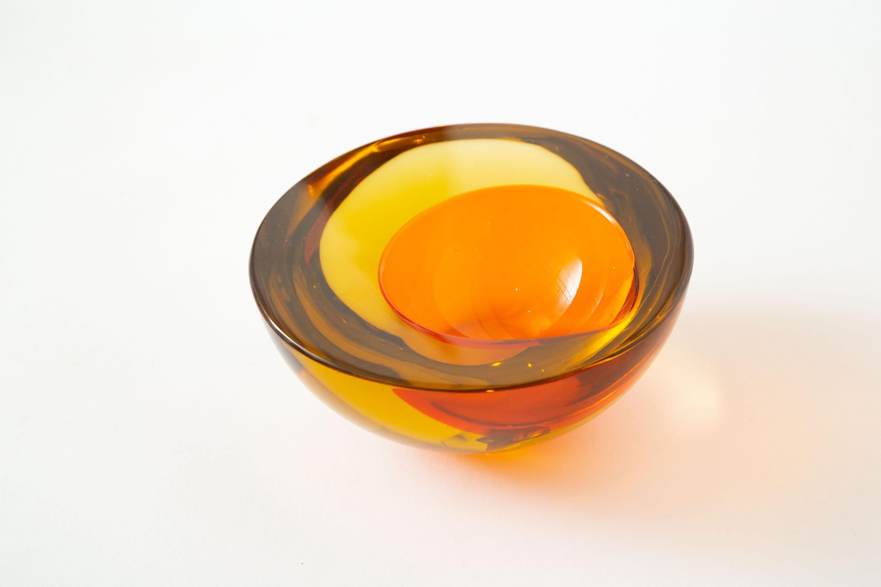 Murano Mandruzzato Orange and Amber Yellow Sommerso Geode Glass Bowl Vintage 3