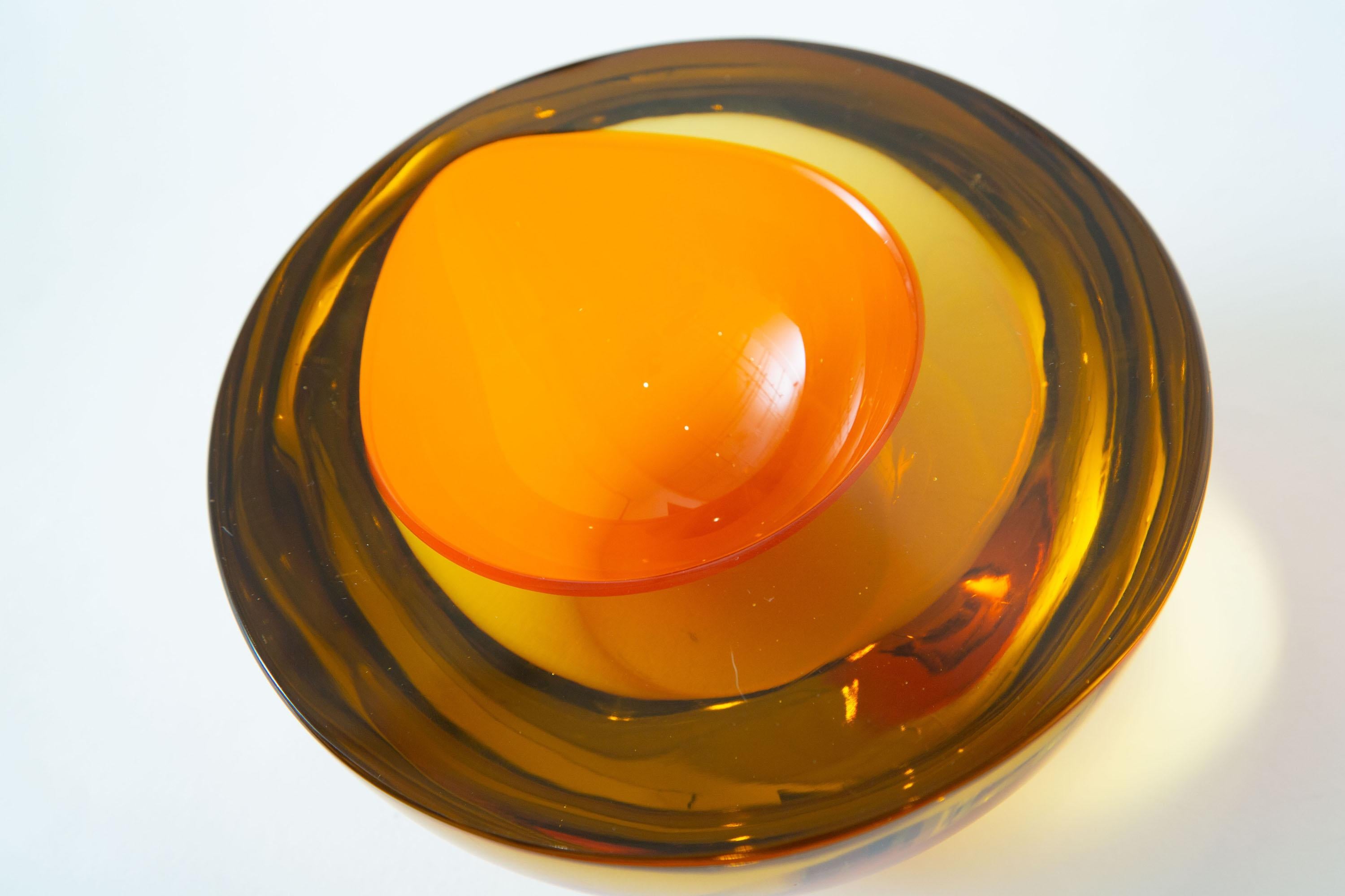 Murano Mandruzzato Orange and Amber Yellow Sommerso Geode Glass Bowl Vintage 5