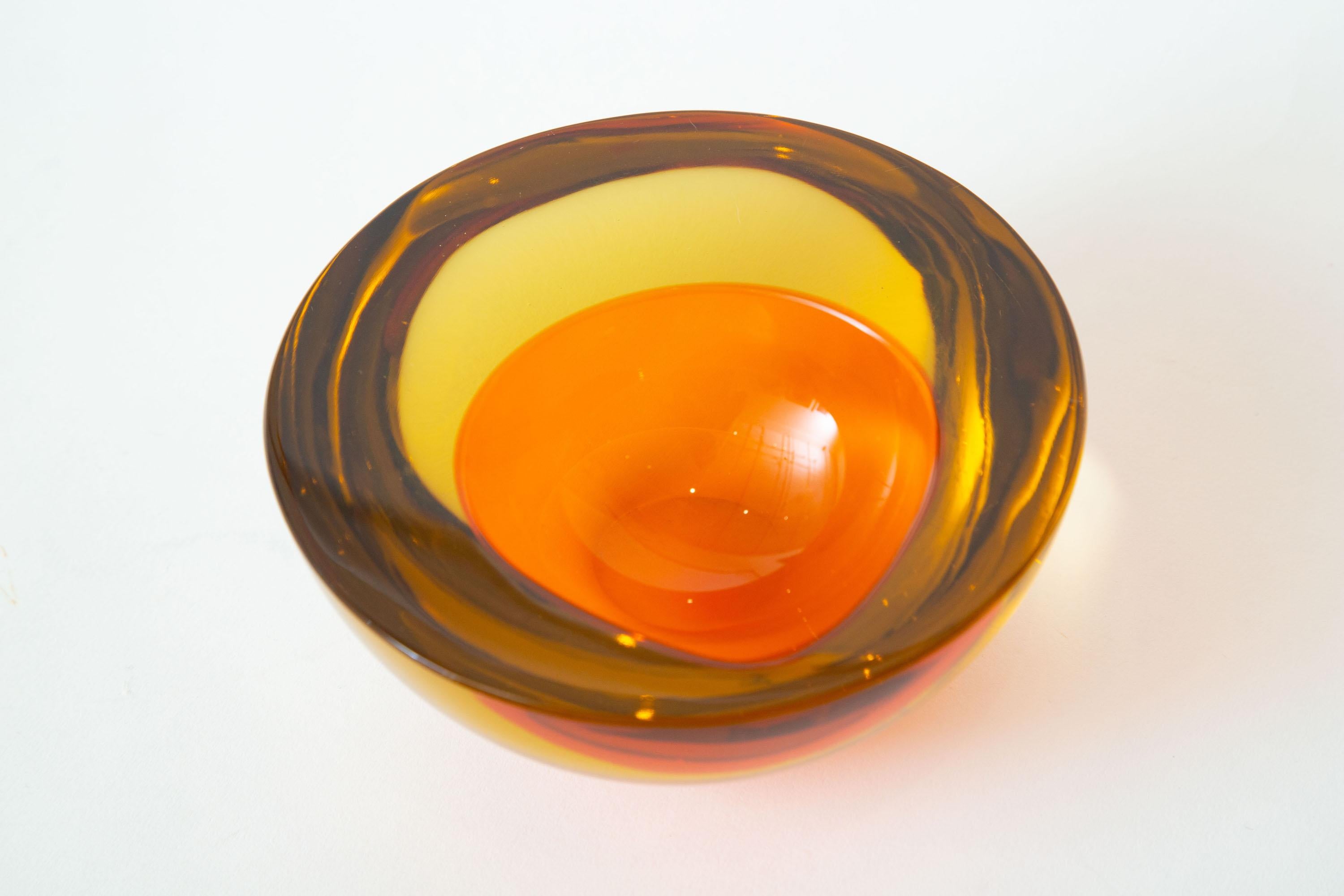 Italian Murano Mandruzzato Orange and Amber Yellow Sommerso Geode Glass Bowl Vintage