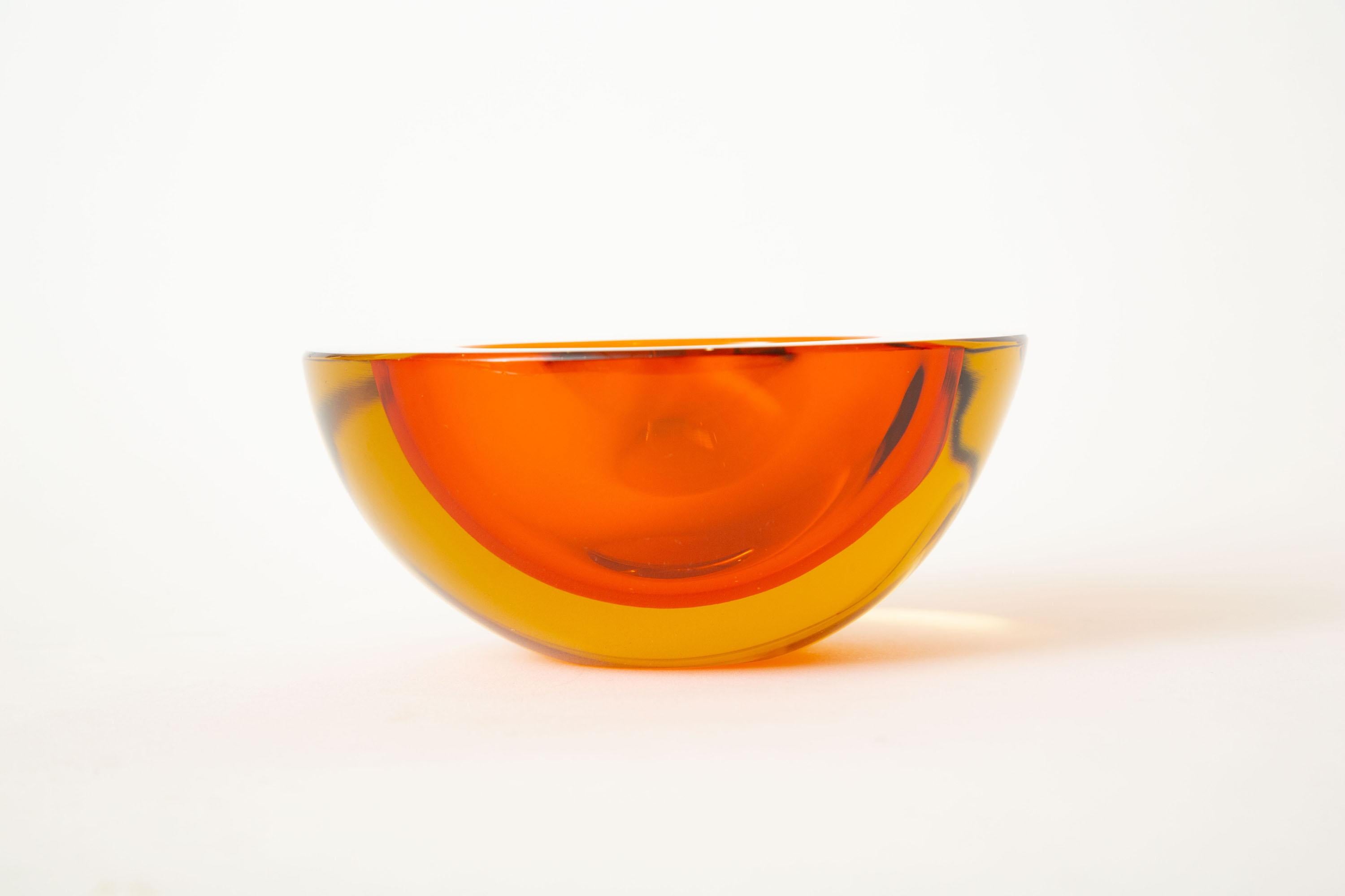 Murano Mandruzzato Orange and Amber Yellow Sommerso Geode Glass Bowl Vintage 1