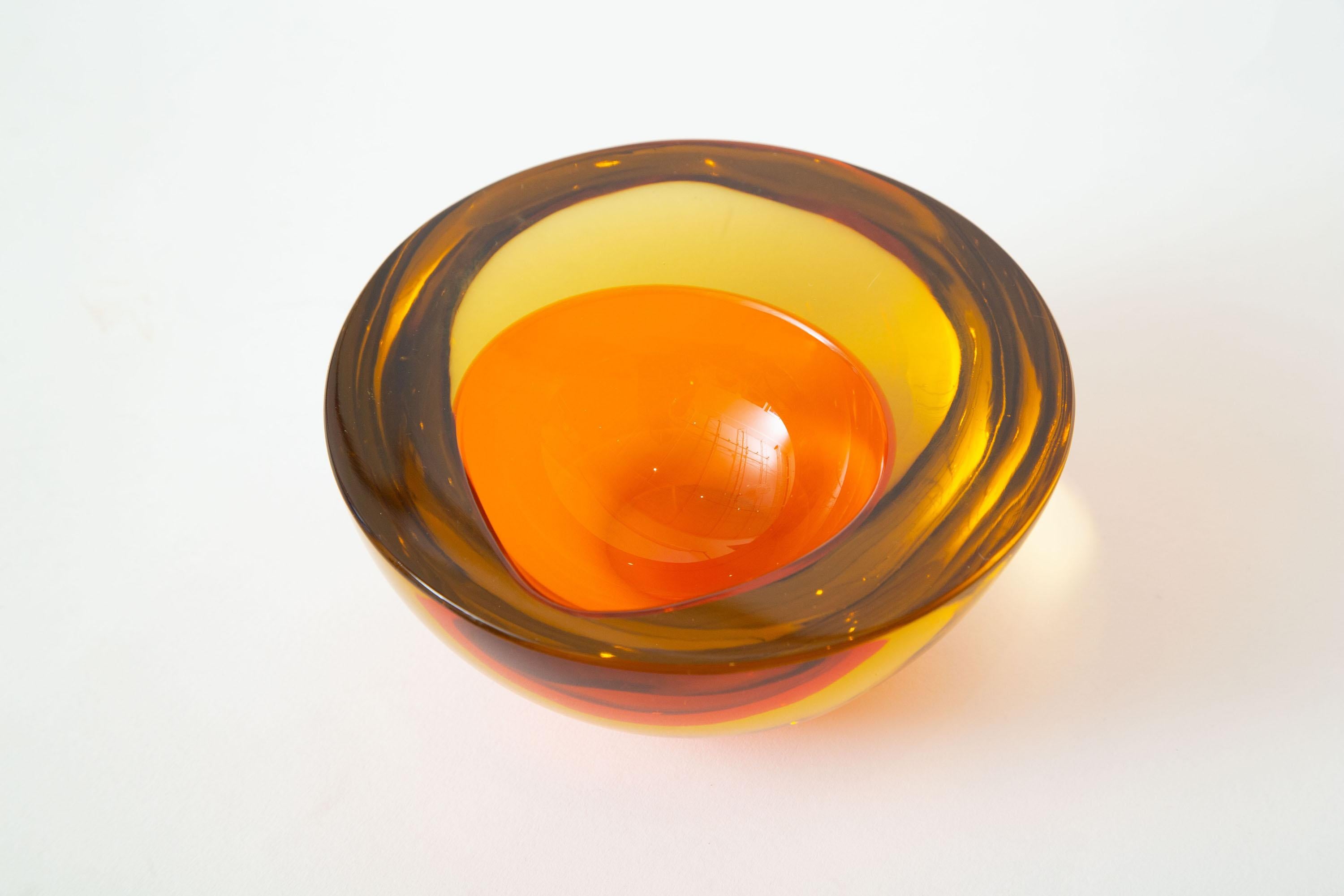 Murano Mandruzzato Orange and Amber Yellow Sommerso Geode Glass Bowl Vintage 2