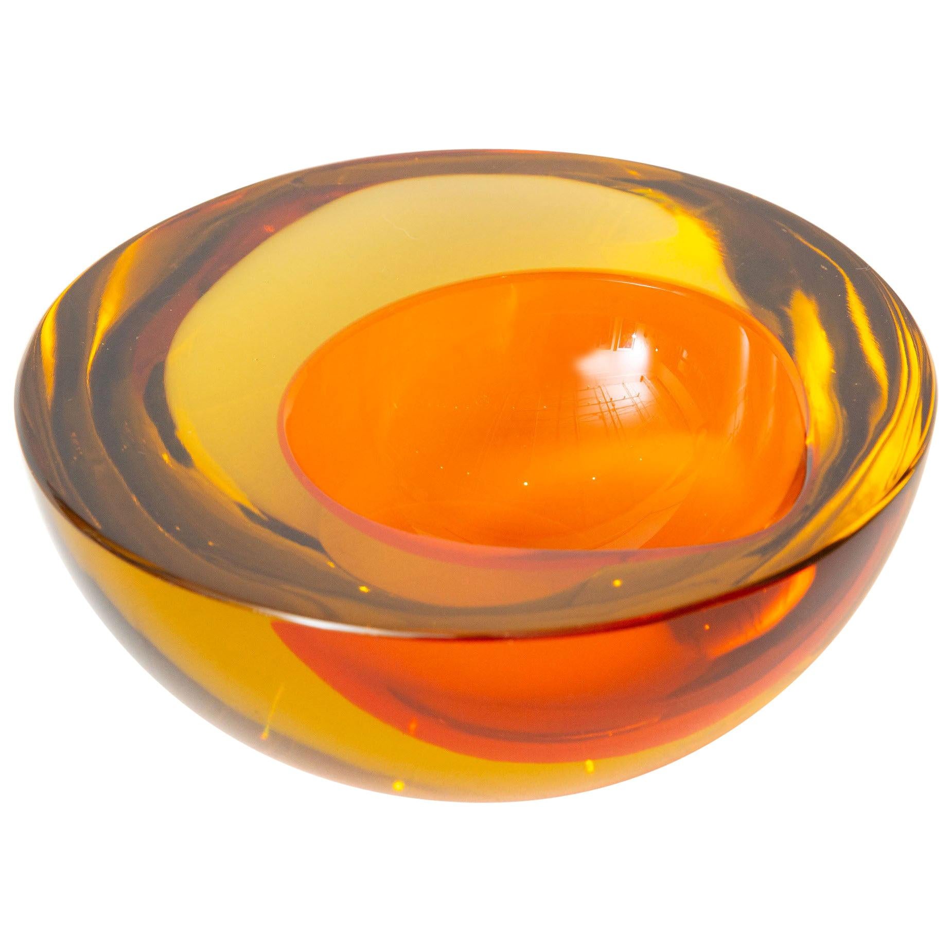 Murano Mandruzzato Orange and Amber Yellow Sommerso Geode Glass Bowl Vintage