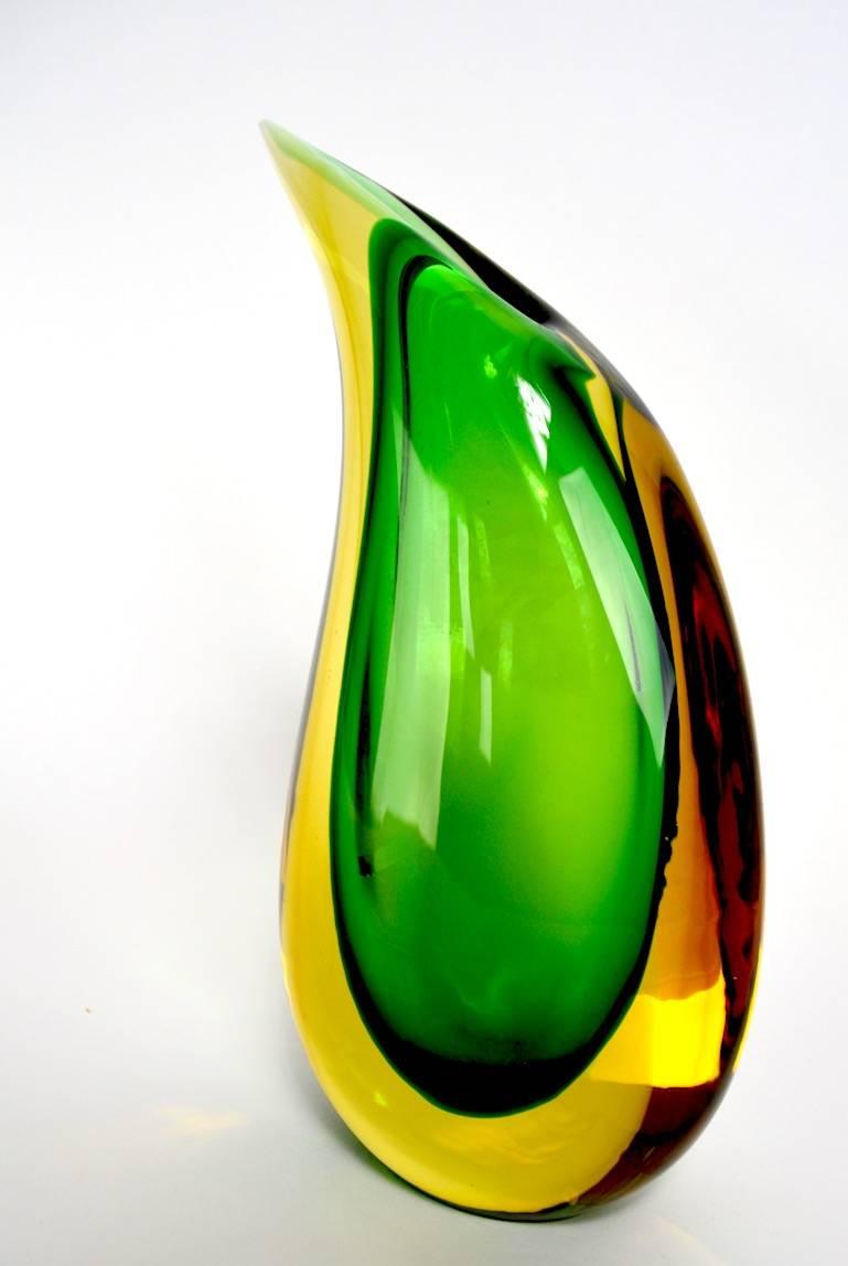 Mid-Century Modern Murano Mandruzzato Vase Sommerso Technique Green and Yellow