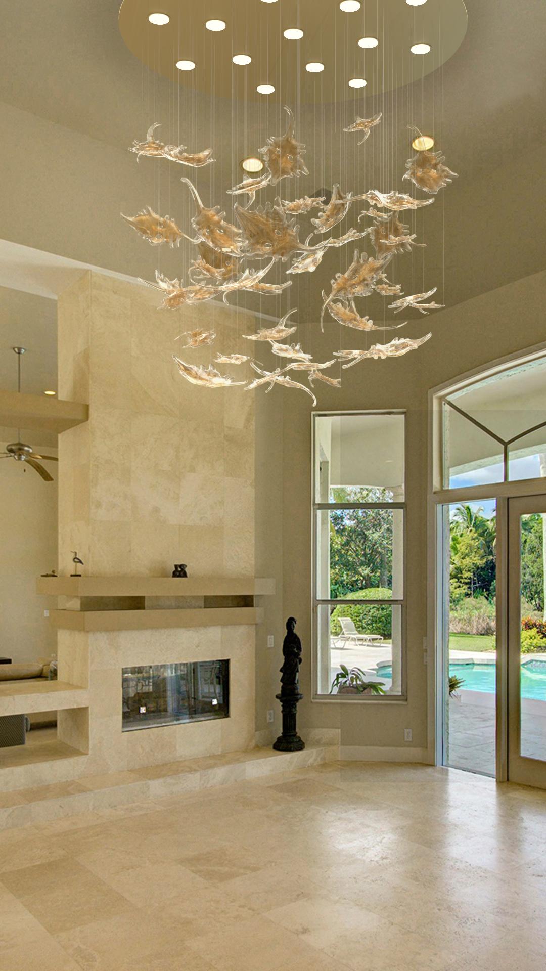 Elevate your space with the timeless elegance of our Maple Leaf Murano glass chandelier. Crafted with meticulous attention to detail, this exquisite piece effortlessly combines classic charm with a vibrant flair, making it the perfect centerpiece