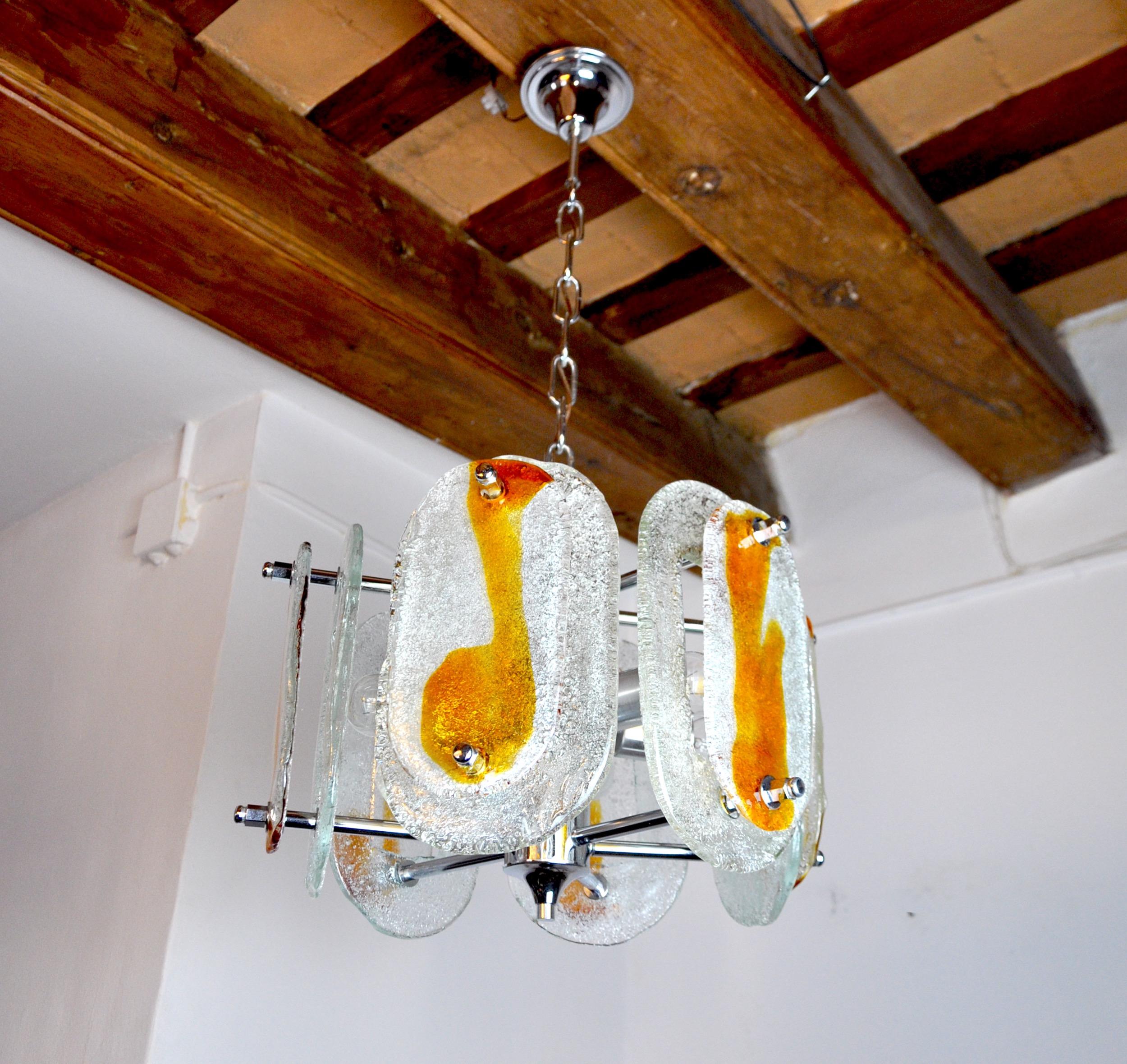 Hollywood Regency Murano Mazzega Chandelier, Orange Frosted Glass, Italy, 1970 For Sale