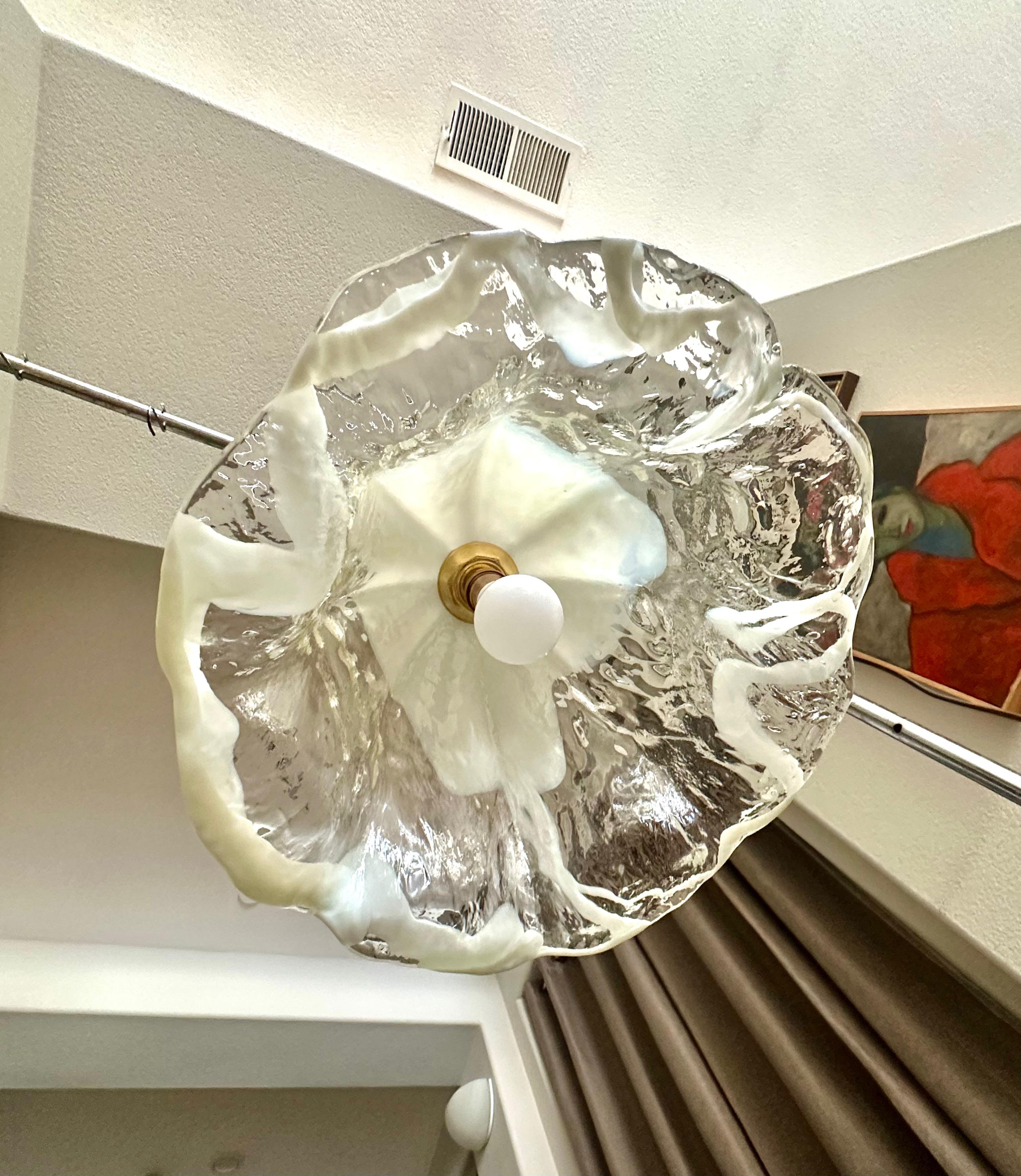 Brass Murano Mazzega Glass Tulip Shaped Chandelier or Pendant For Sale