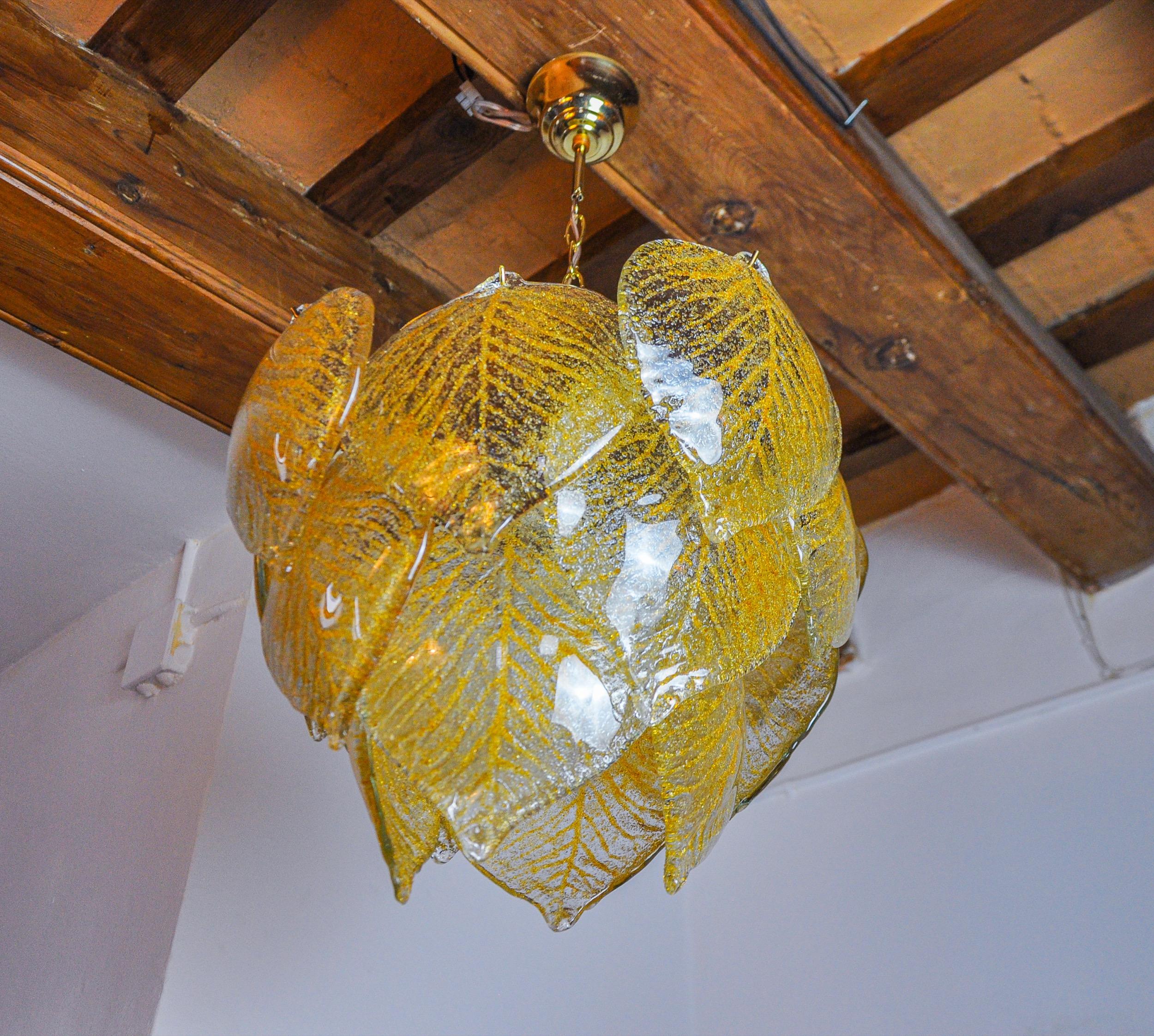 Italian Murano Mazzega leaf chandelier, gold frosted glass, Italy 1970 For Sale