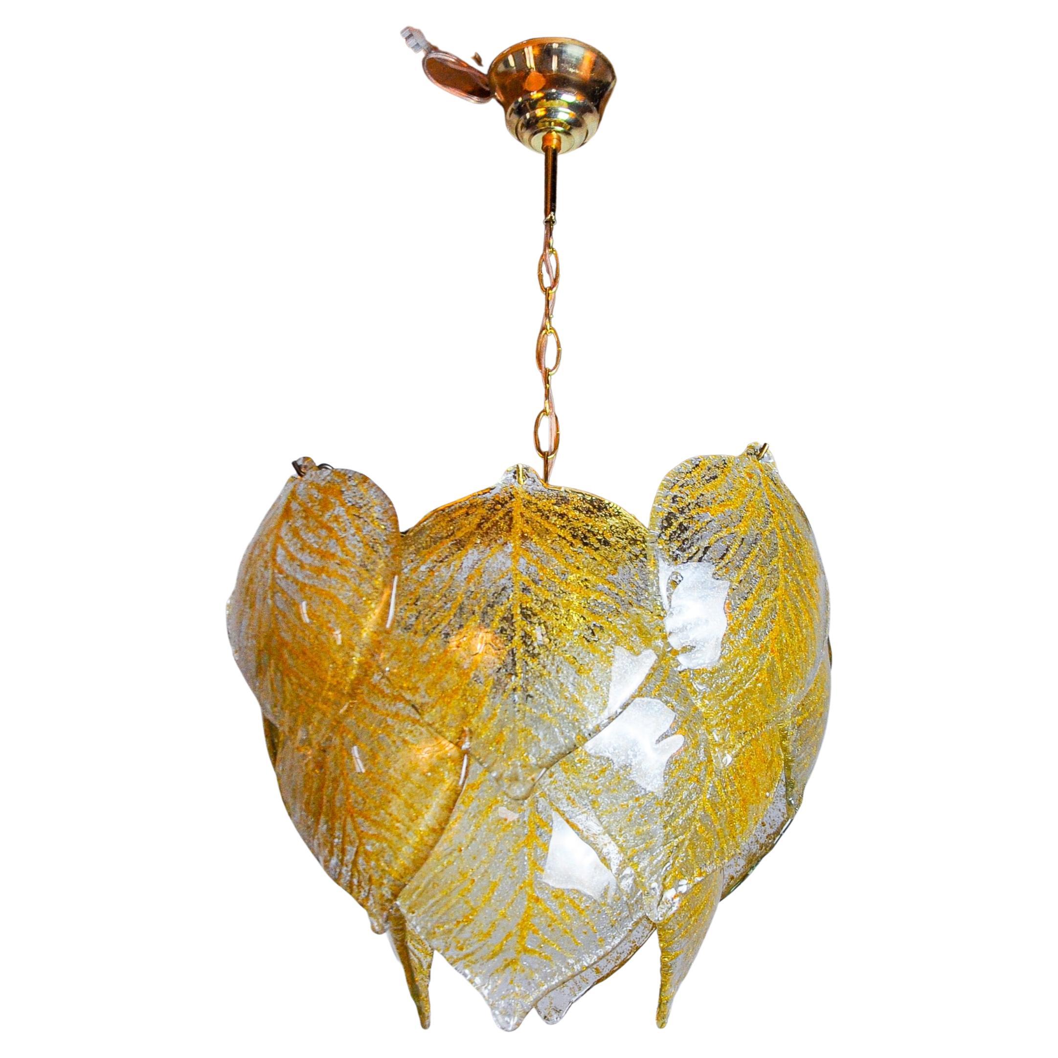 Murano Mazzega leaf chandelier, gold frosted glass, Italy 1970 For Sale