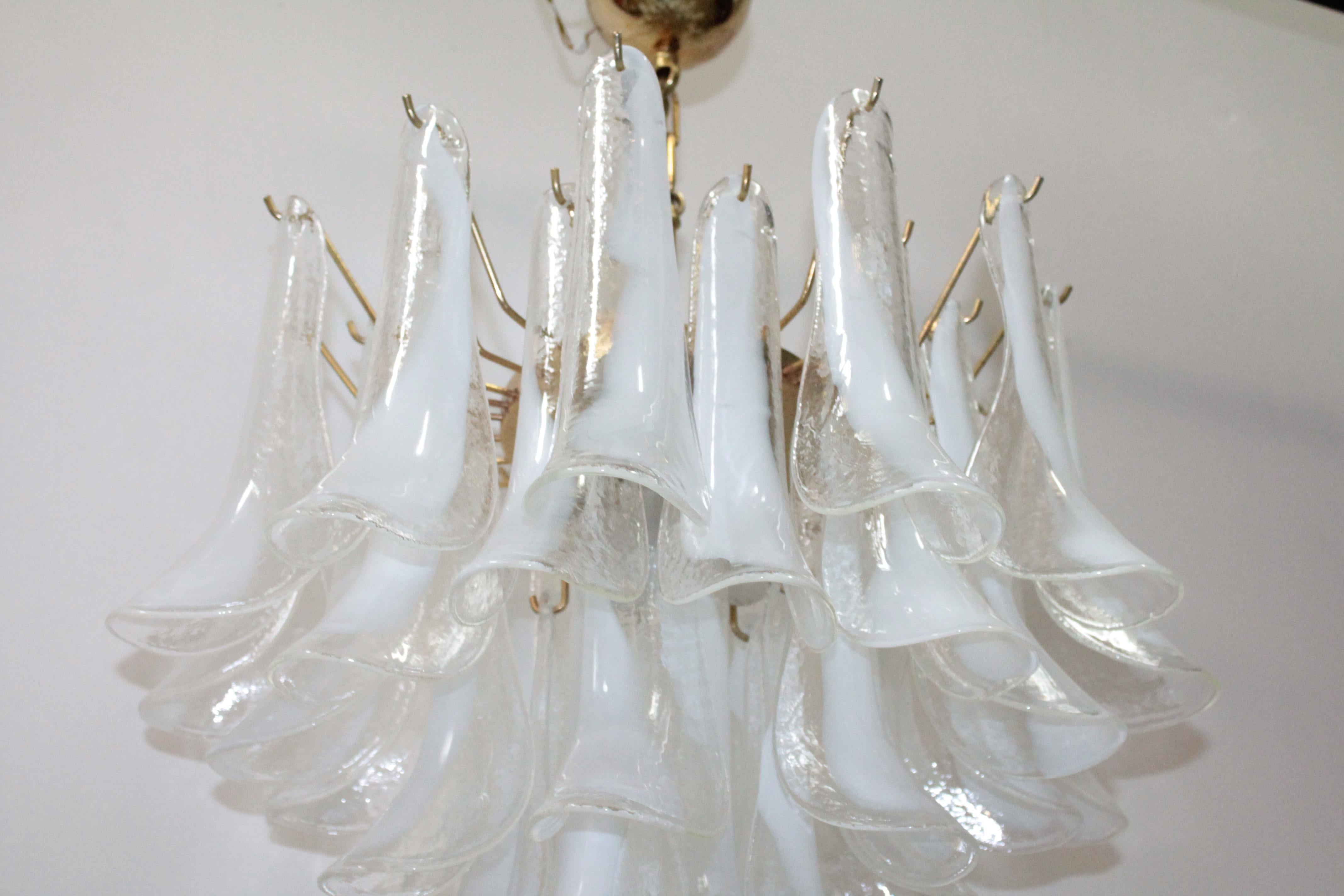 Italian Murano Mazzega White Chandelier 1970s Art Glass and Brass