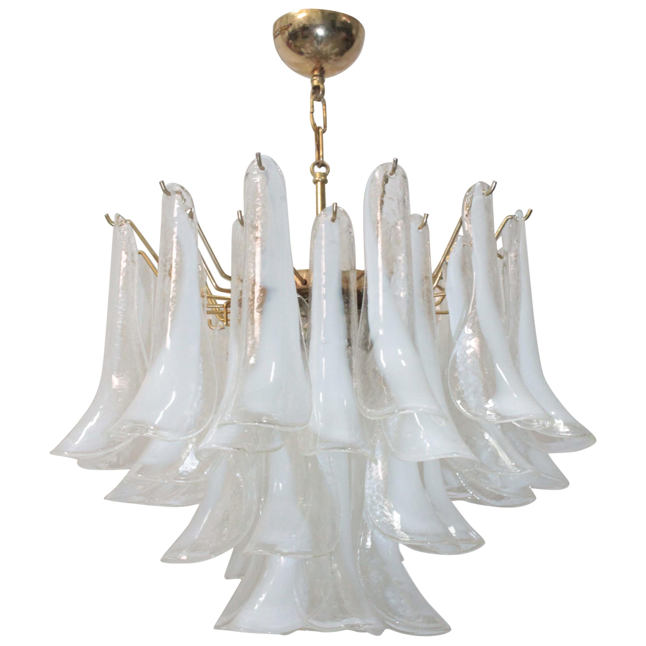 Murano Mazzega White Chandelier 1970s Art Glass and Brass