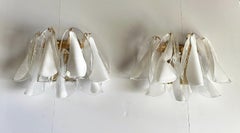 Murano Mazzega Wall Sconces, Clear & White Glass, Brass, Italy, 1970s